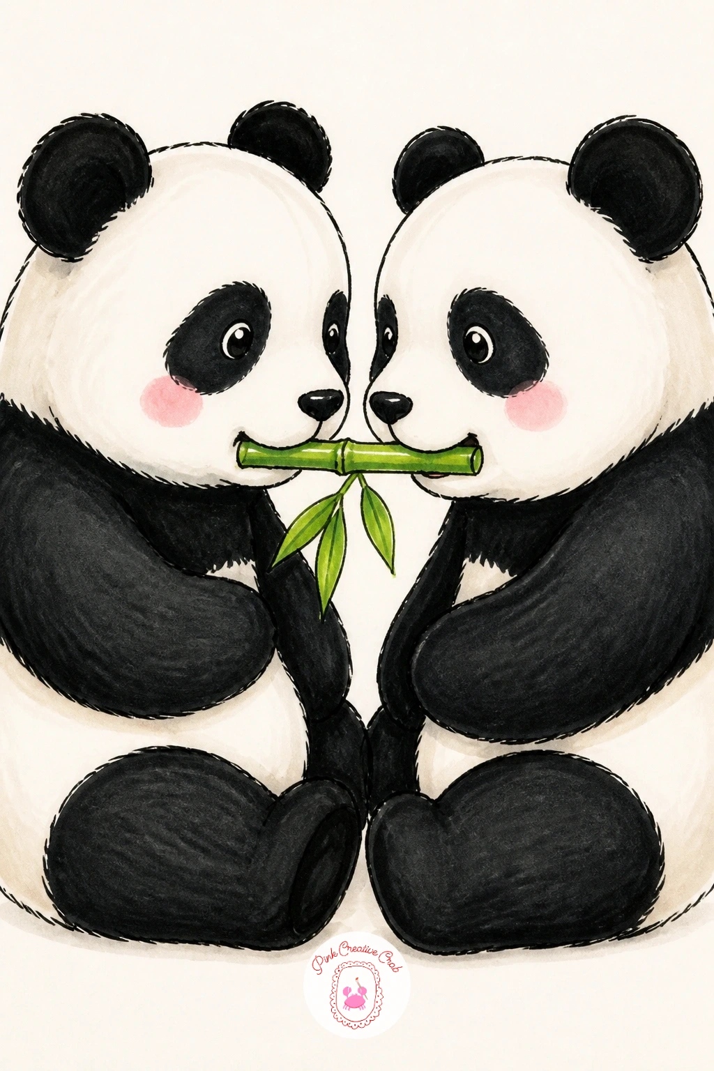 Two Pandas Sharing One Bamboo Stick — Return to a pair of pandas, this time face to face, each gripping one end of the same bamboo stalk like a gentle tug of