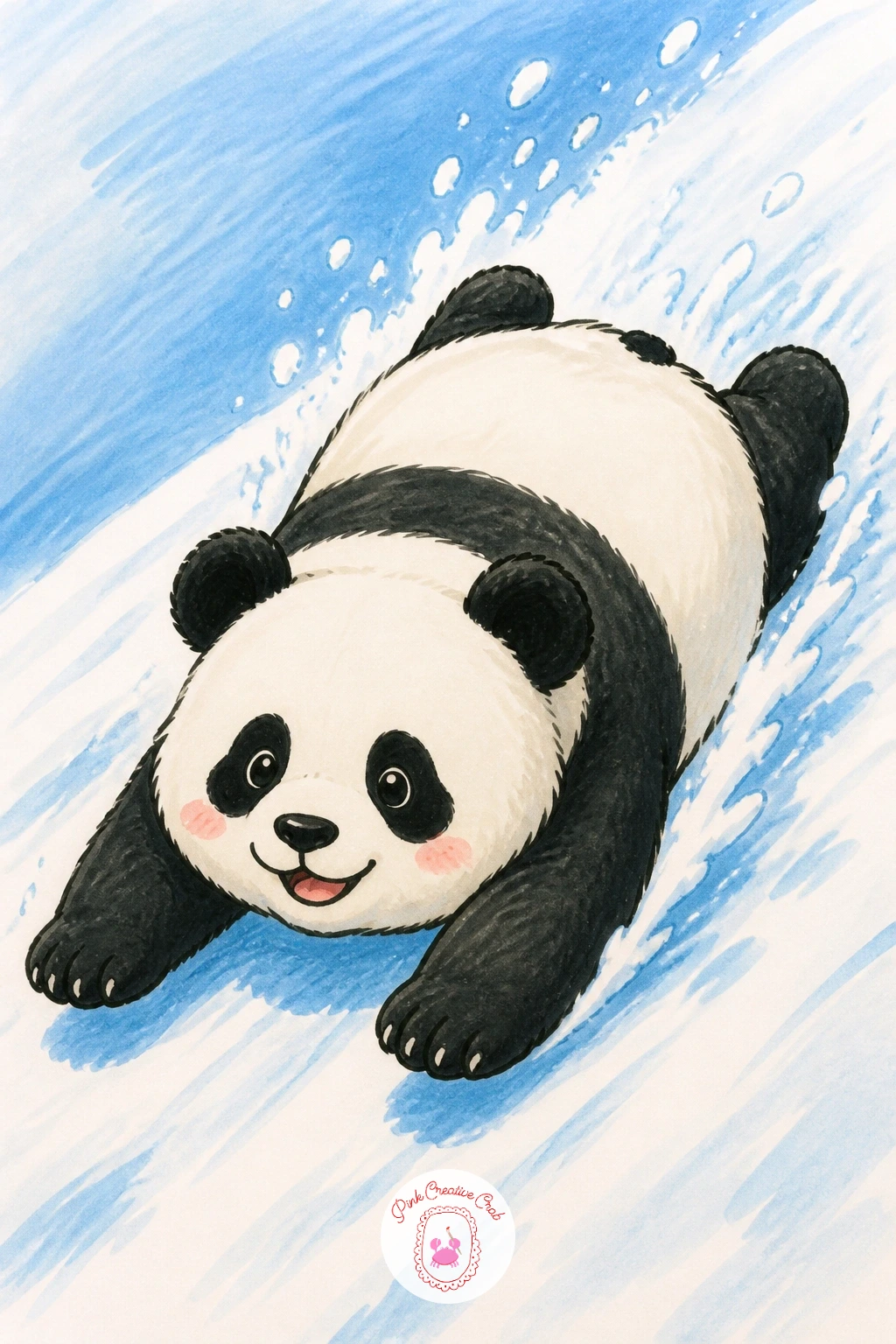 Panda Sliding Down a Snowy Slope — Add snow and motion together with a panda flat on its belly, sliding headfirst down a snowy hill, front paws stretched