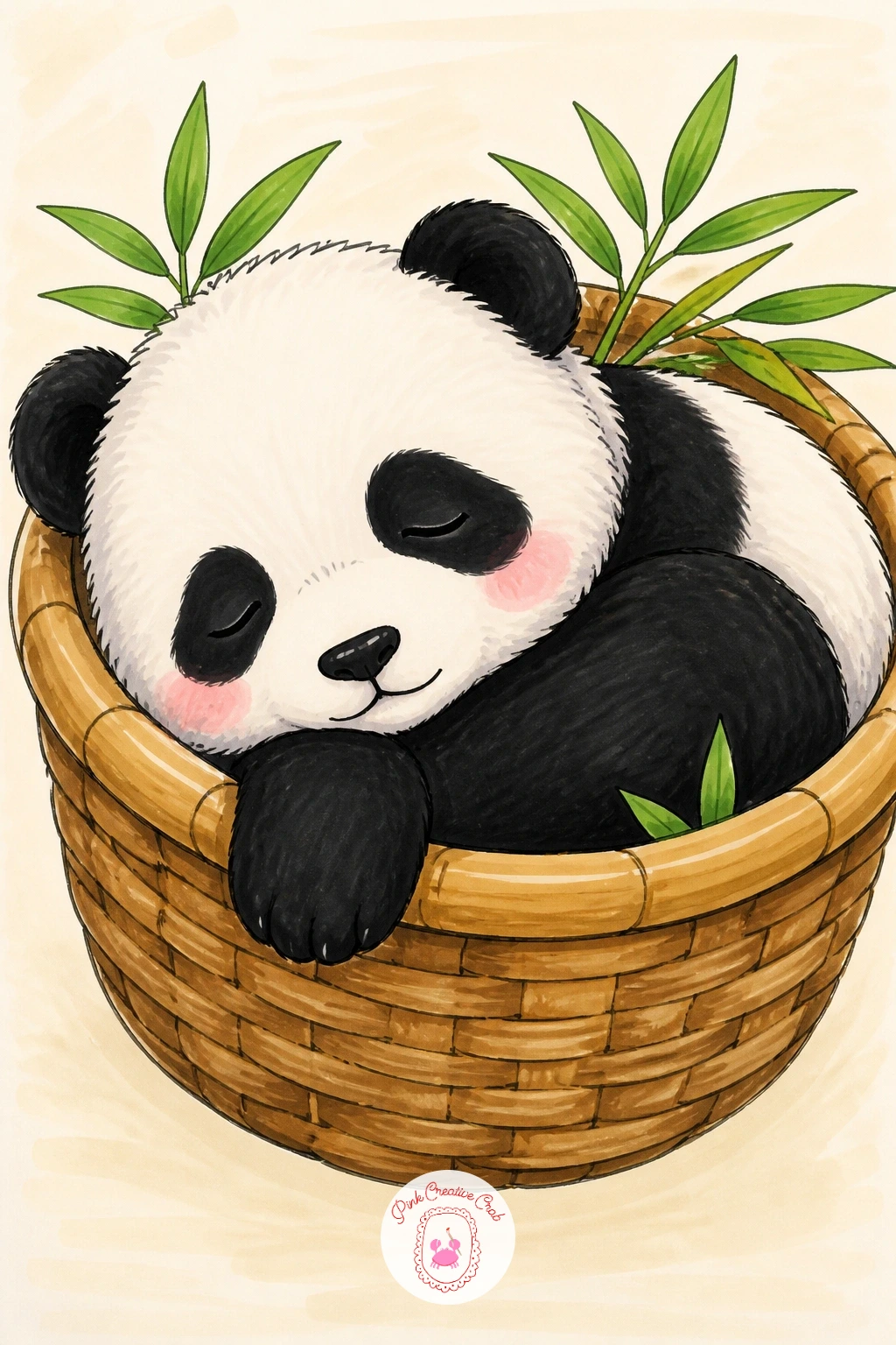 Panda Cub Asleep in a Basket — Slow the pace right down with a small, sleepy scene: a panda cub curled into a round woven basket, eyes shut, one paw hanging