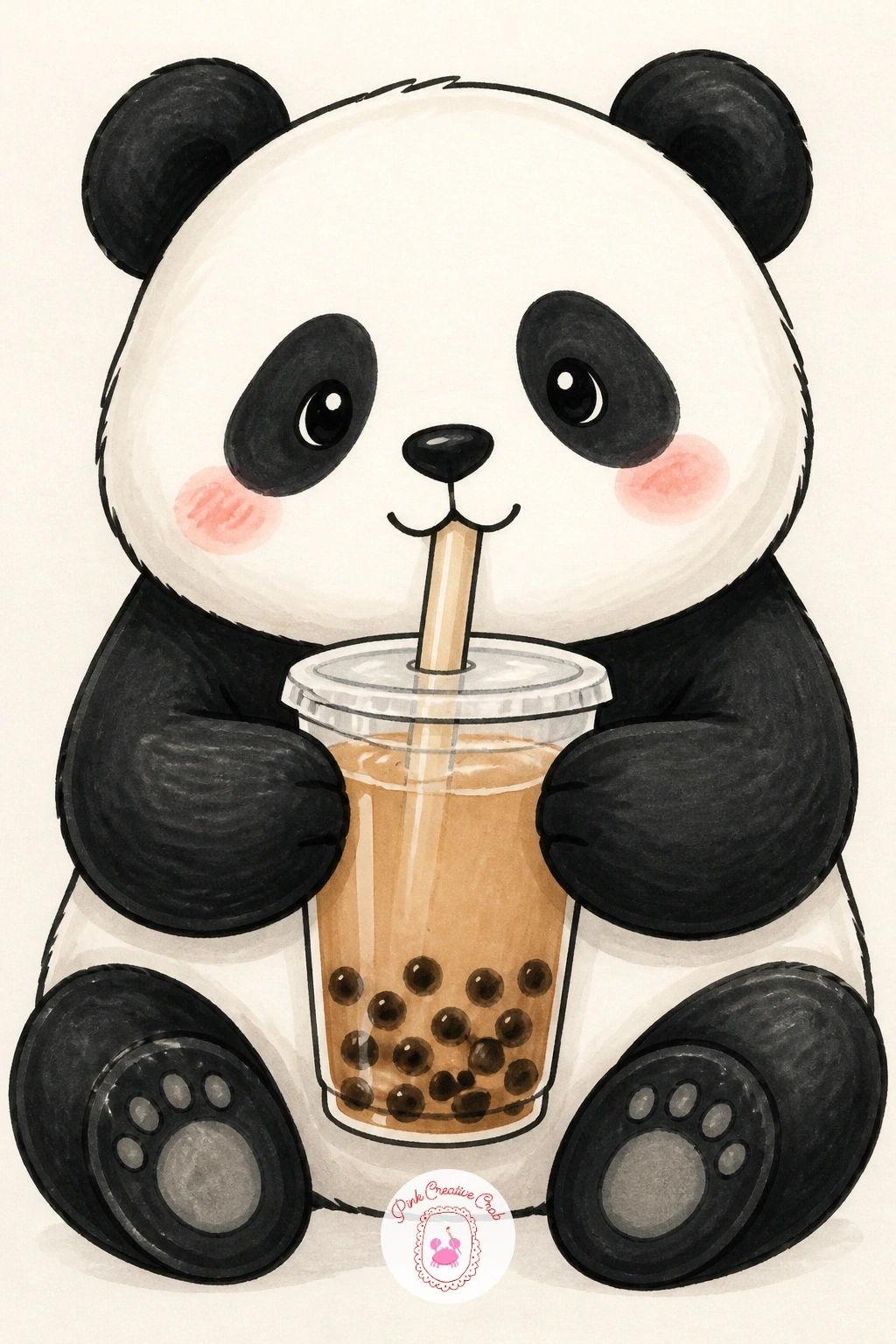 Panda Drinking Bubble Tea — Hand the panda a modern prop: a tall cup of bubble tea held in both paws, a wide straw angled toward its mouth. Cute panda drawing