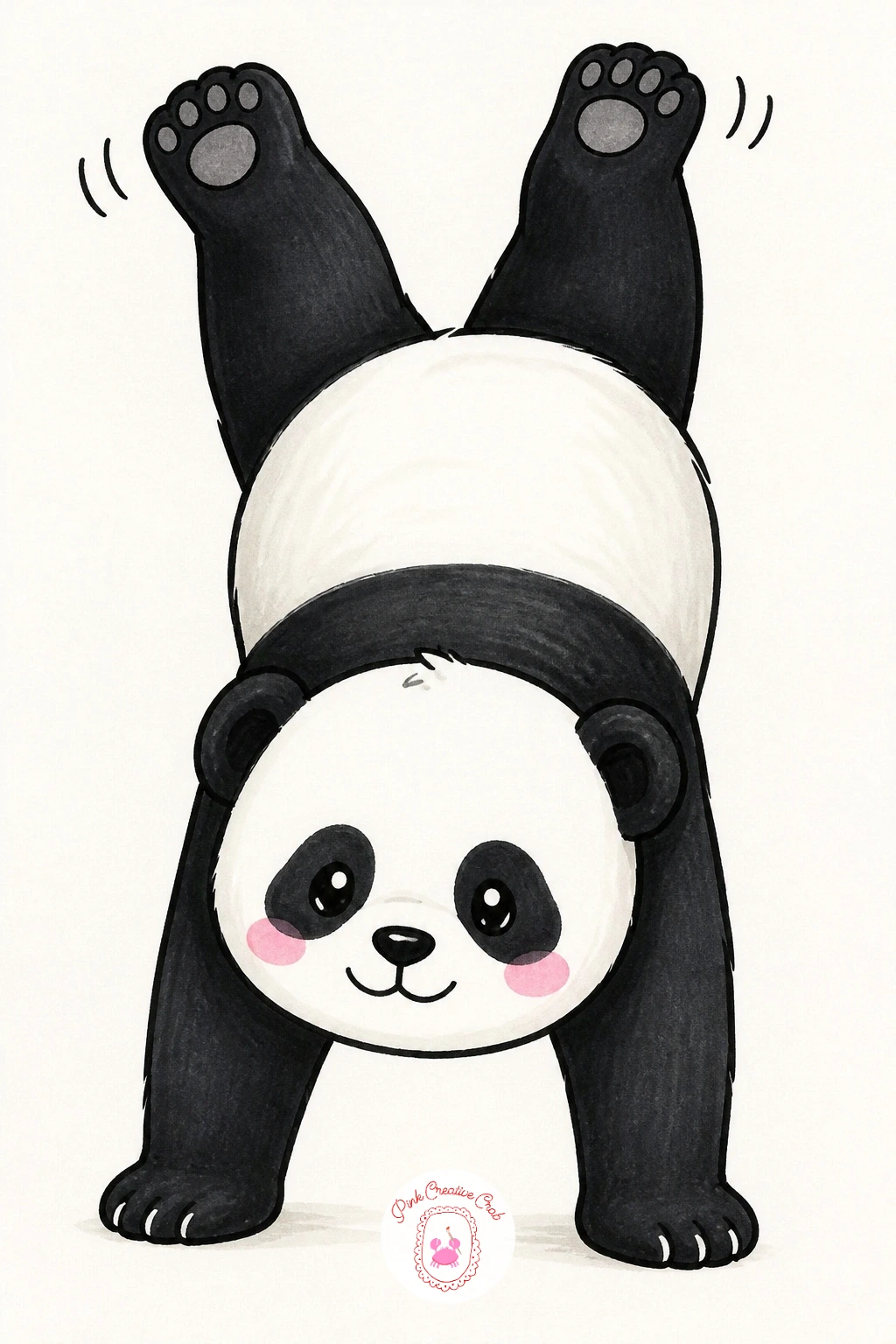 Panda Doing a Handstand — Challenge the balance of the whole page with a panda upside down on its front paws, back legs kicked straight up in the air. Cute