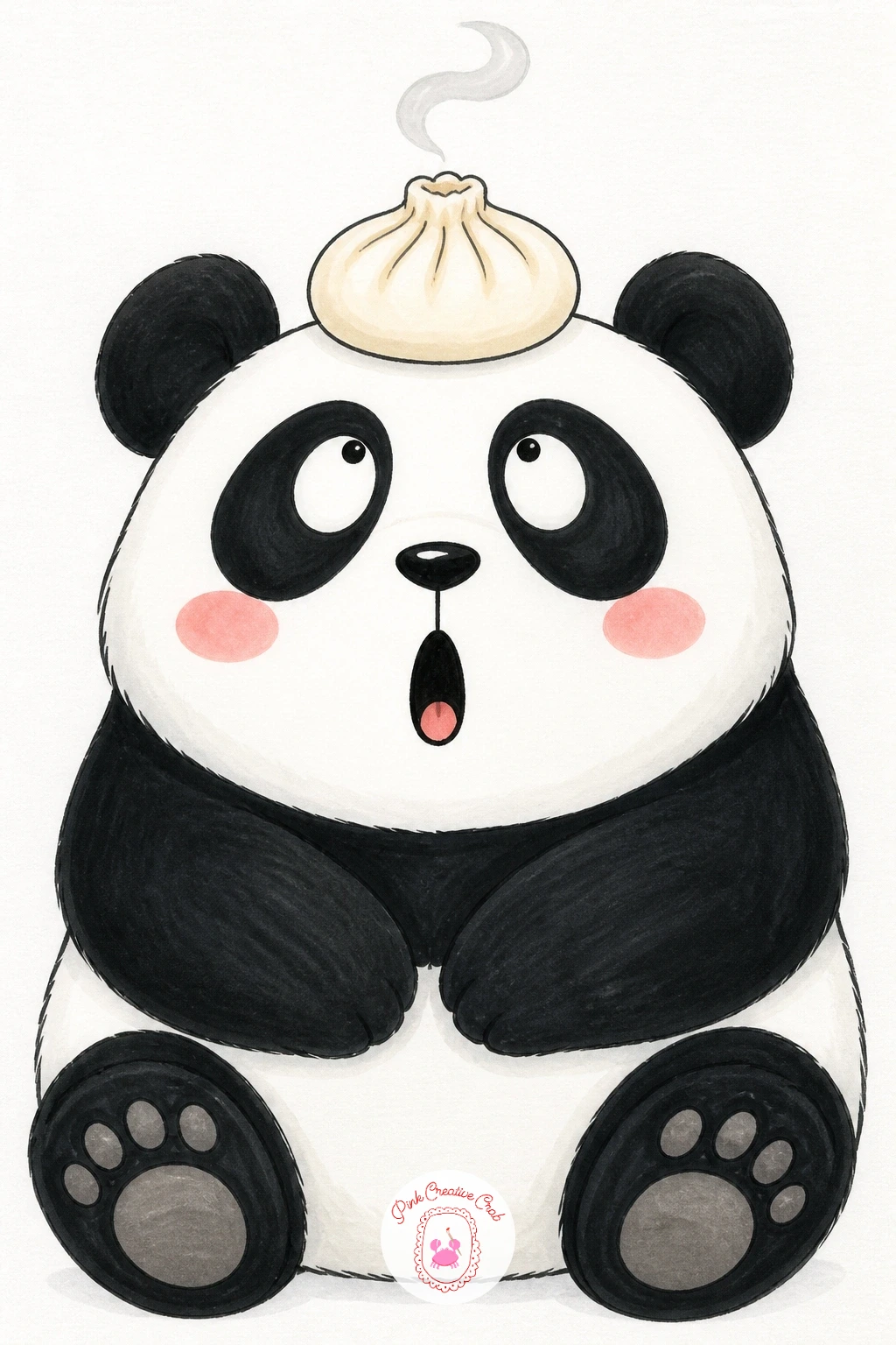 Panda With a Dumpling on Its Head — Keep things lighthearted with a small sight gag: a panda sitting still, eyes crossed upward in surprise, a single dumpling