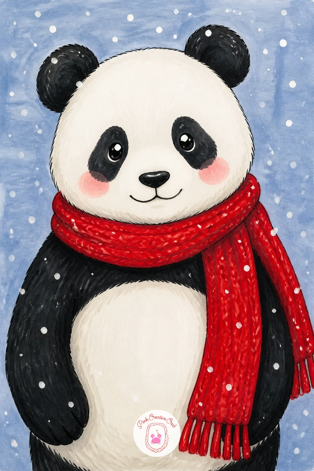 Panda in a Red Scarf in the Snow — Return outdoors for a cozier winter portrait: a panda standing in falling snow, a long red scarf wrapped once around its