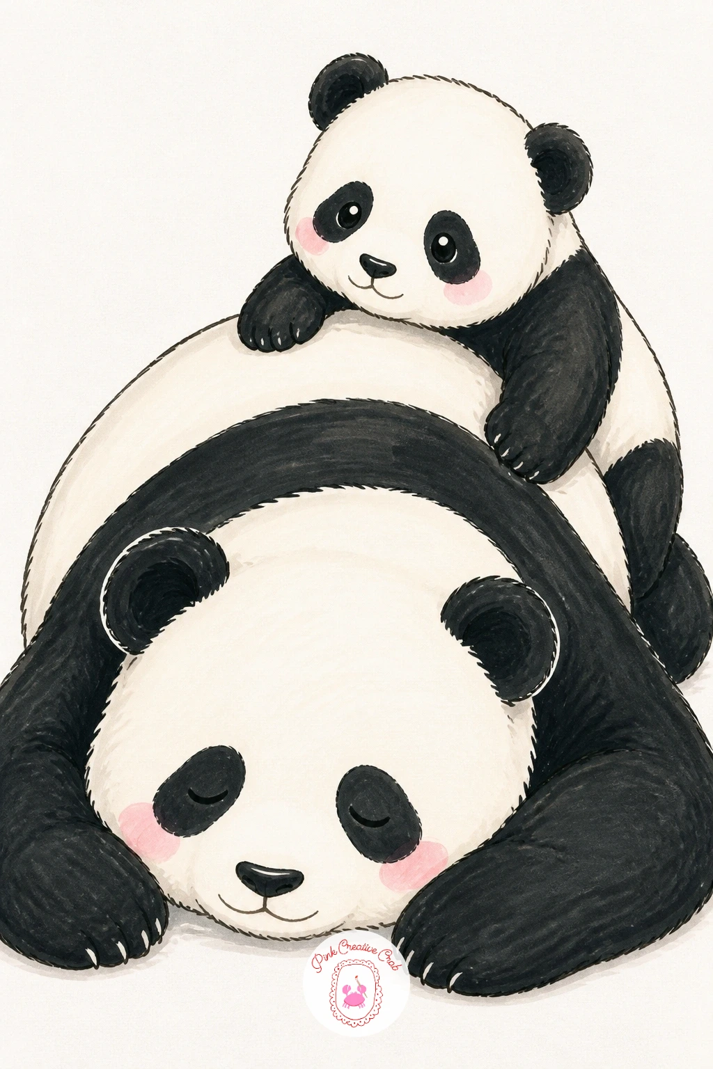 Panda Cub Climbing a Sleeping Adult — Build on the earlier hugging pandas with a bit more mischief: a cub clambering up the back of a larger panda who is fast