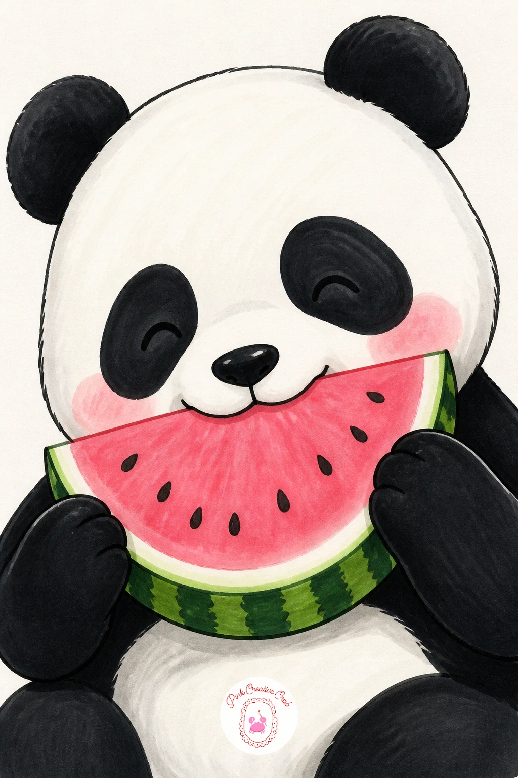 Panda Eating a Watermelon Slice — Cool things down with a summer snack: a panda holding a large triangular watermelon slice in both paws, face buried happily
