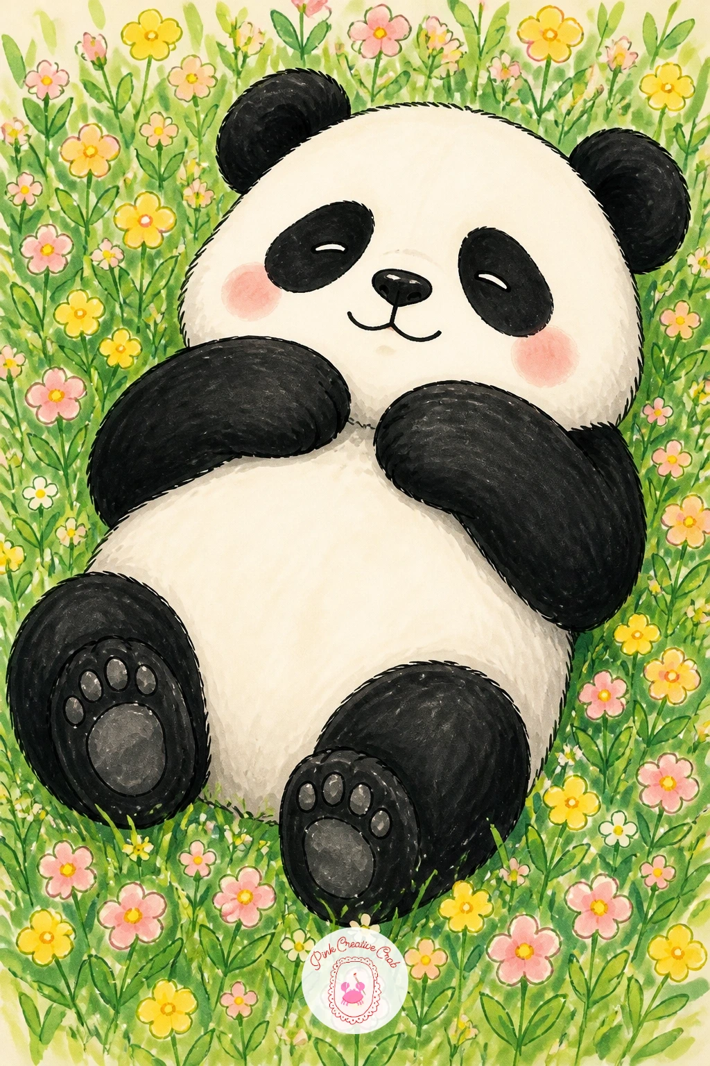 Panda in a Field of Flowers — Give the panda a soft landscape setting for once: lying on its back in a low field of wildflowers, paws tucked up, surrounded by