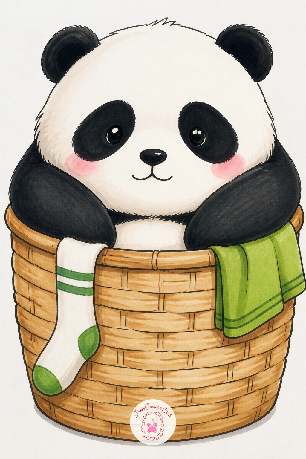 Panda in a Laundry Basket — Bring the panda back indoors for a cozy domestic scene: sitting squeezed into a round laundry basket, a few stray socks and a towel