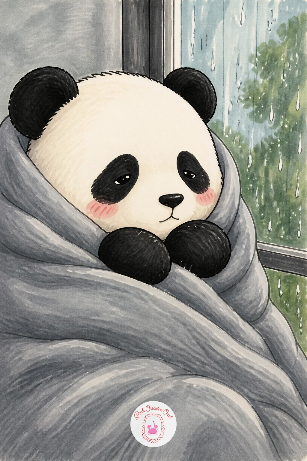 Panda Wrapped in a Blanket Watching Rain — Slow right down for a quiet mood piece: a panda wrapped up to the chin in a soft blanket, sitting near a window