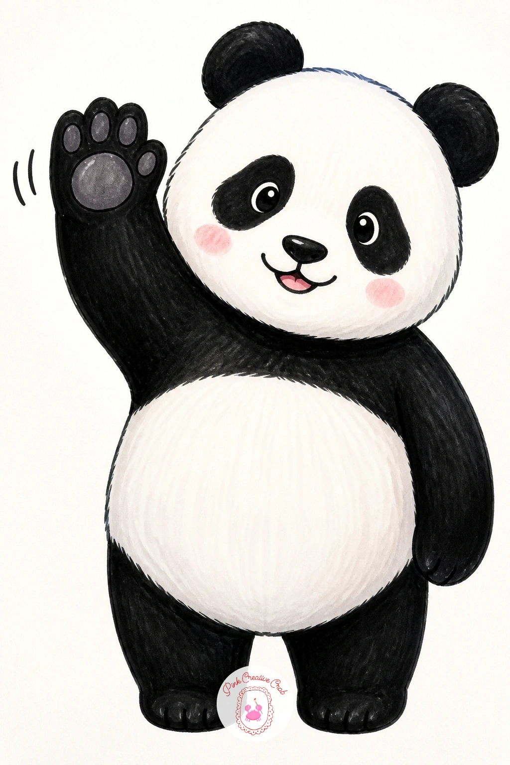 Panda Waving Hello — Keep this one friendly and direct: a panda standing facing forward, one paw raised in a clear wave, the kind of pose that works well as a