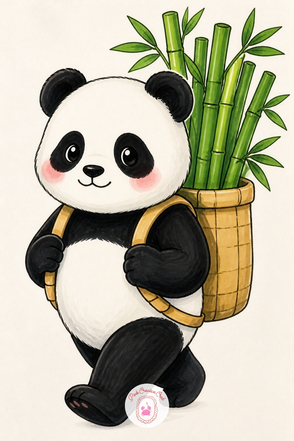 Panda Carrying a Bamboo Backpack — Give the panda a sense of purpose with a small backpack stuffed full of bamboo stalks poking out the top, straps worn over