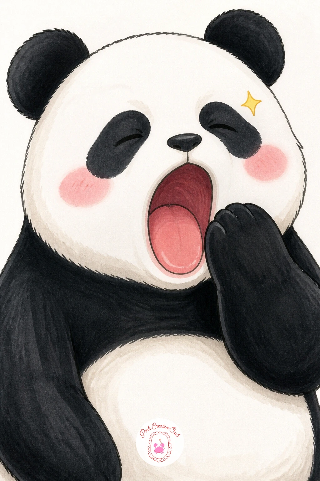 Panda Yawning — Slow the whole mood down again with a close, simple portrait: a panda mid-yawn, mouth stretched wide open, one paw raised to cover it halfway.