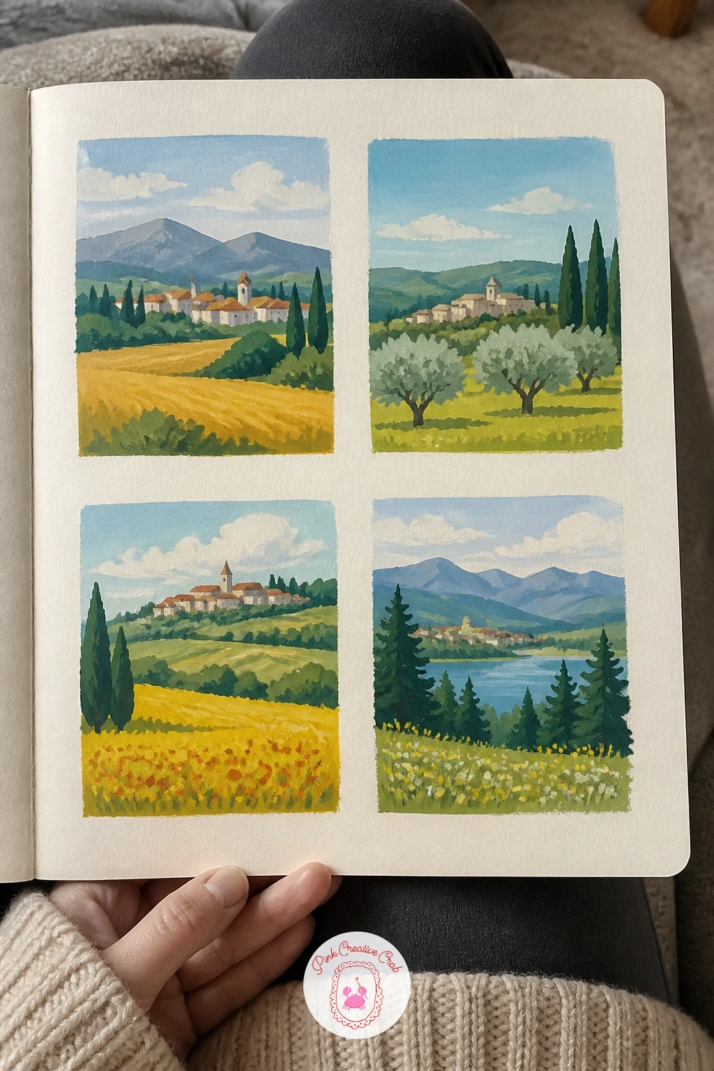 Four Tiny Landscapes In Boxes — Start the sketchbook habit with a page of four tiny landscapes in little boxes. Gouache sketchbook