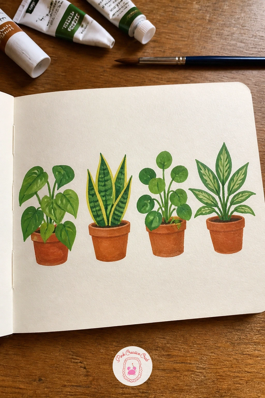 A Page Of Houseplants — Turn the page toward something living: a page of houseplants, three or four small pots lined up like specimens. Gouache sketchbook
