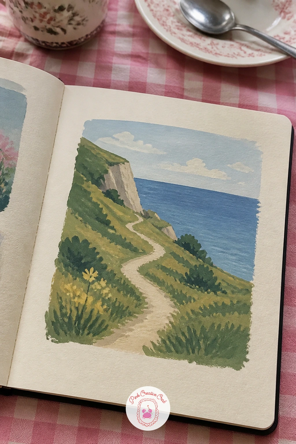 Seaside Cliff With A Winding Path — Move from pots to open air with a seaside cliff and a winding path. Gouache sketchbook