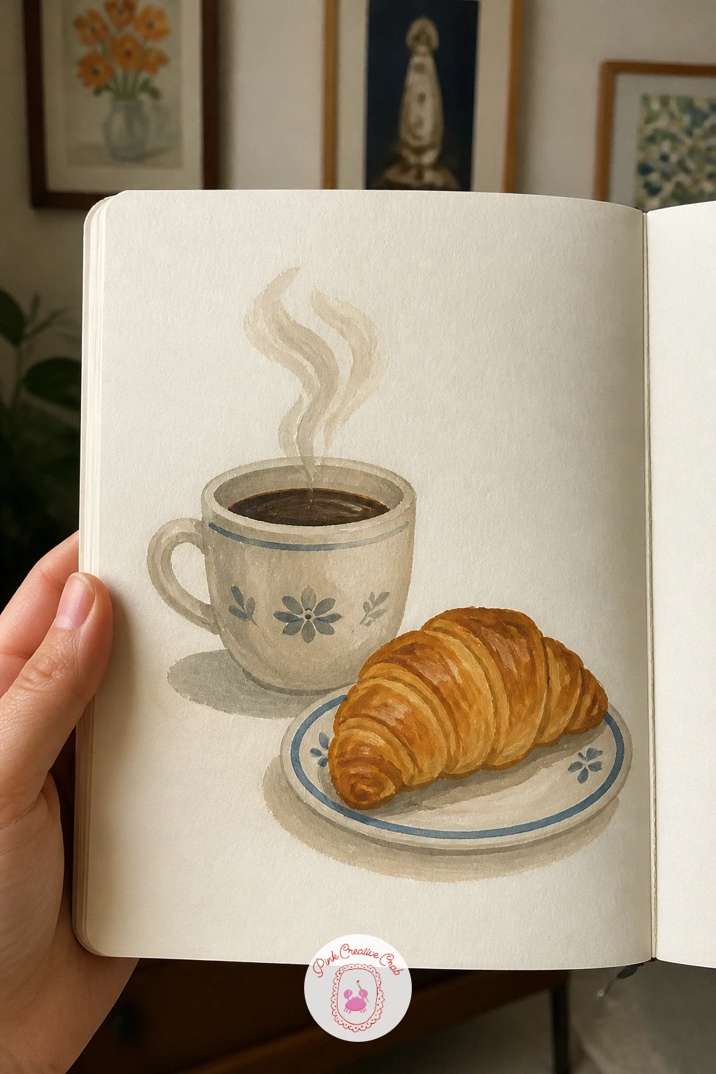 Coffee And A Croissant — Bring the page back indoors with a cup of coffee and a croissant, a classic little still life that always fits one sitting. Gouache
