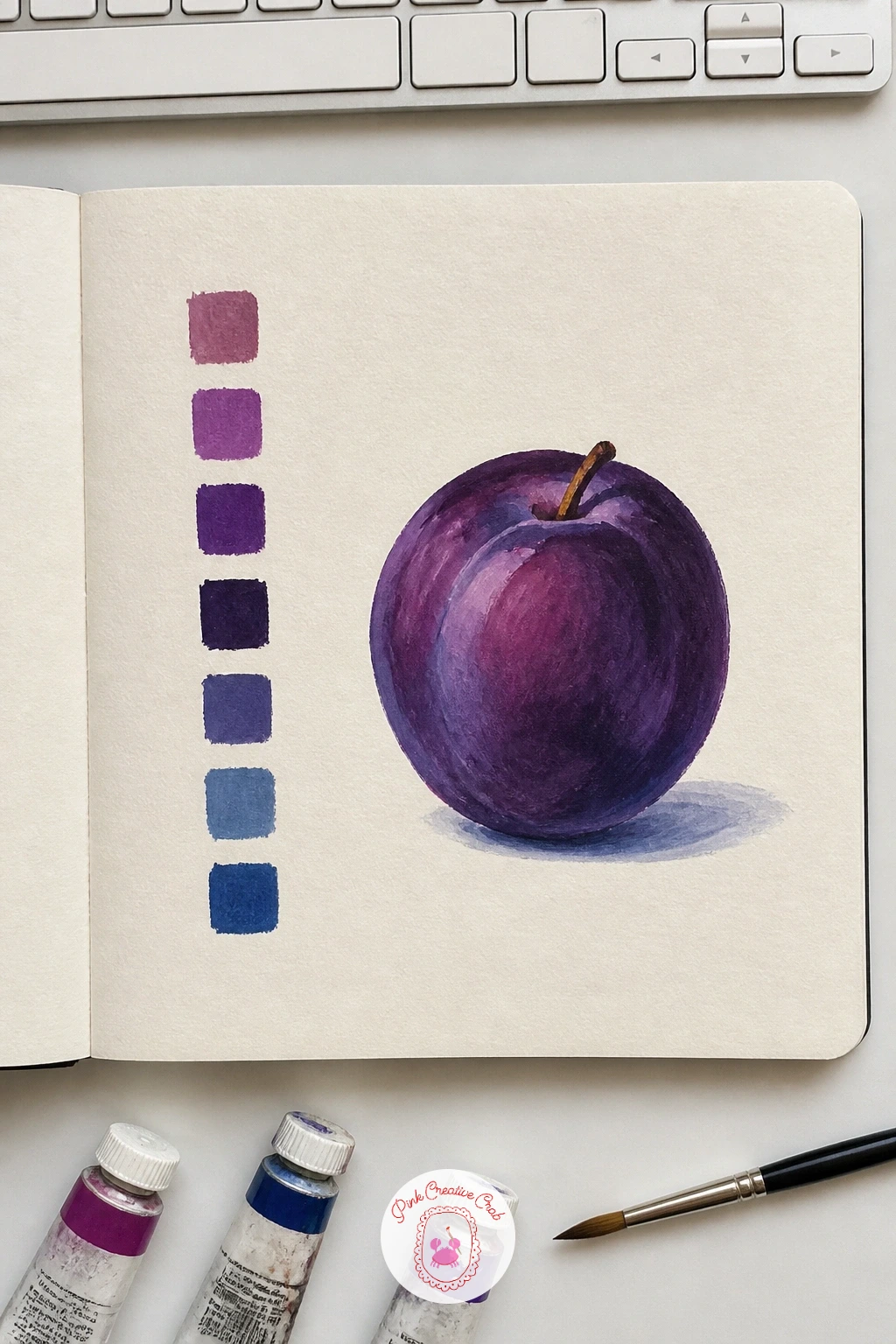 Color Swatches Beside A Painted Plum — Keep tonight's page practical: a strip of color swatches beside a painted plum, part reference chart, part tiny still