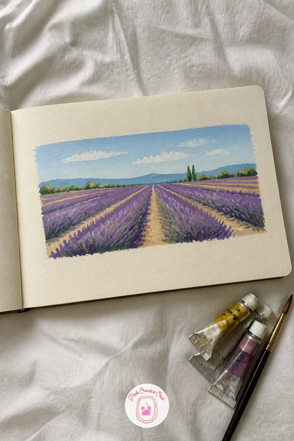 Strip Of Lavender Field — Stretch the brush sideways for a strip of lavender field, a long low band of purple rows under a pale sky. Gouache sketchbook