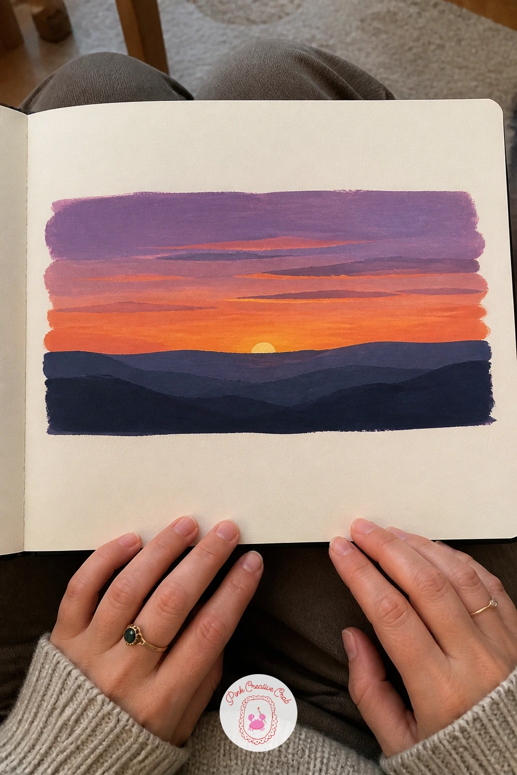 Long Panorama Sunset Over Hills — Give yourself the widest page yet: a long panorama of a sunset over hills, stretched flat across two facing pages if your