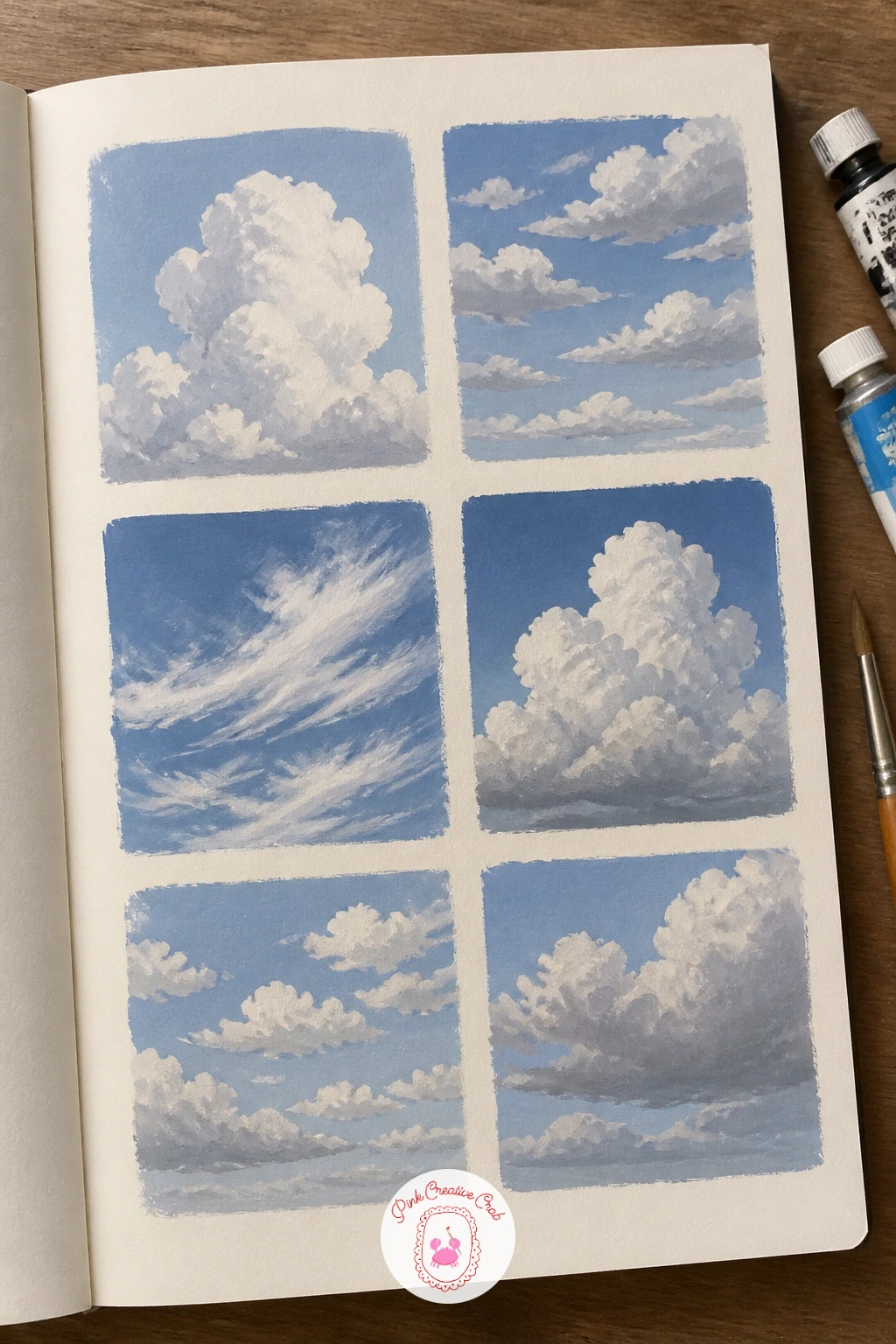 Six Cloud Studies — After a sunset this big, zoom right back in with a page of six cloud studies, small rectangles each holding one sky moment. Gouache