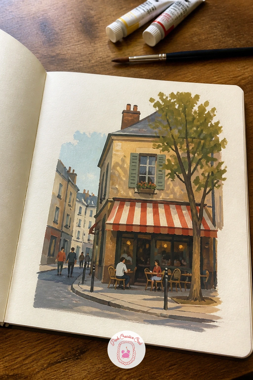 City Street Corner With A Cafe — Step outside again for something busier: a city street corner with a cafe, awning and all. Gouache sketchbook