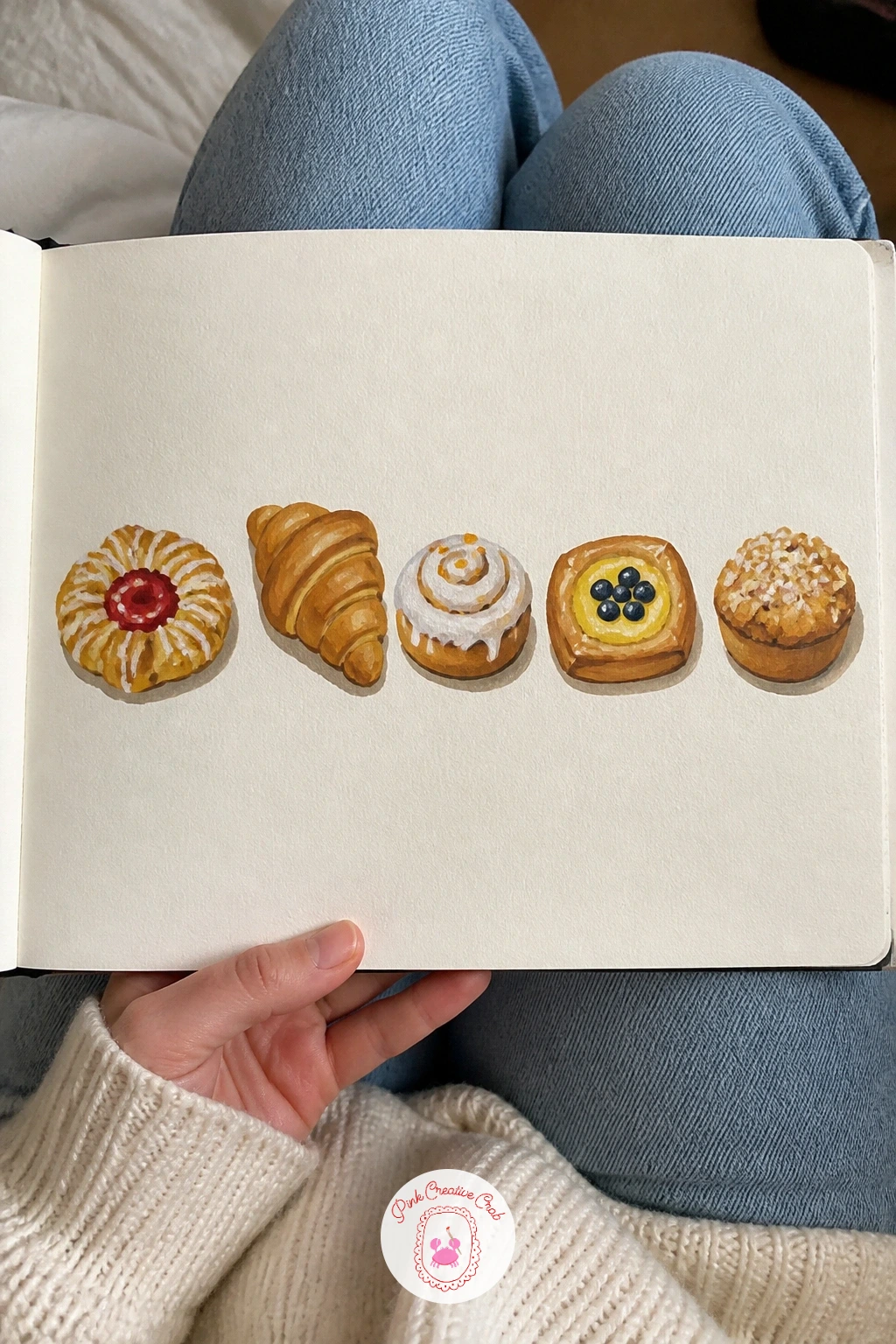 A Page Of Pastries — Warm the page back up with a page of pastries, four or five little bakery treats lined up like a display case. Gouache sketchbook