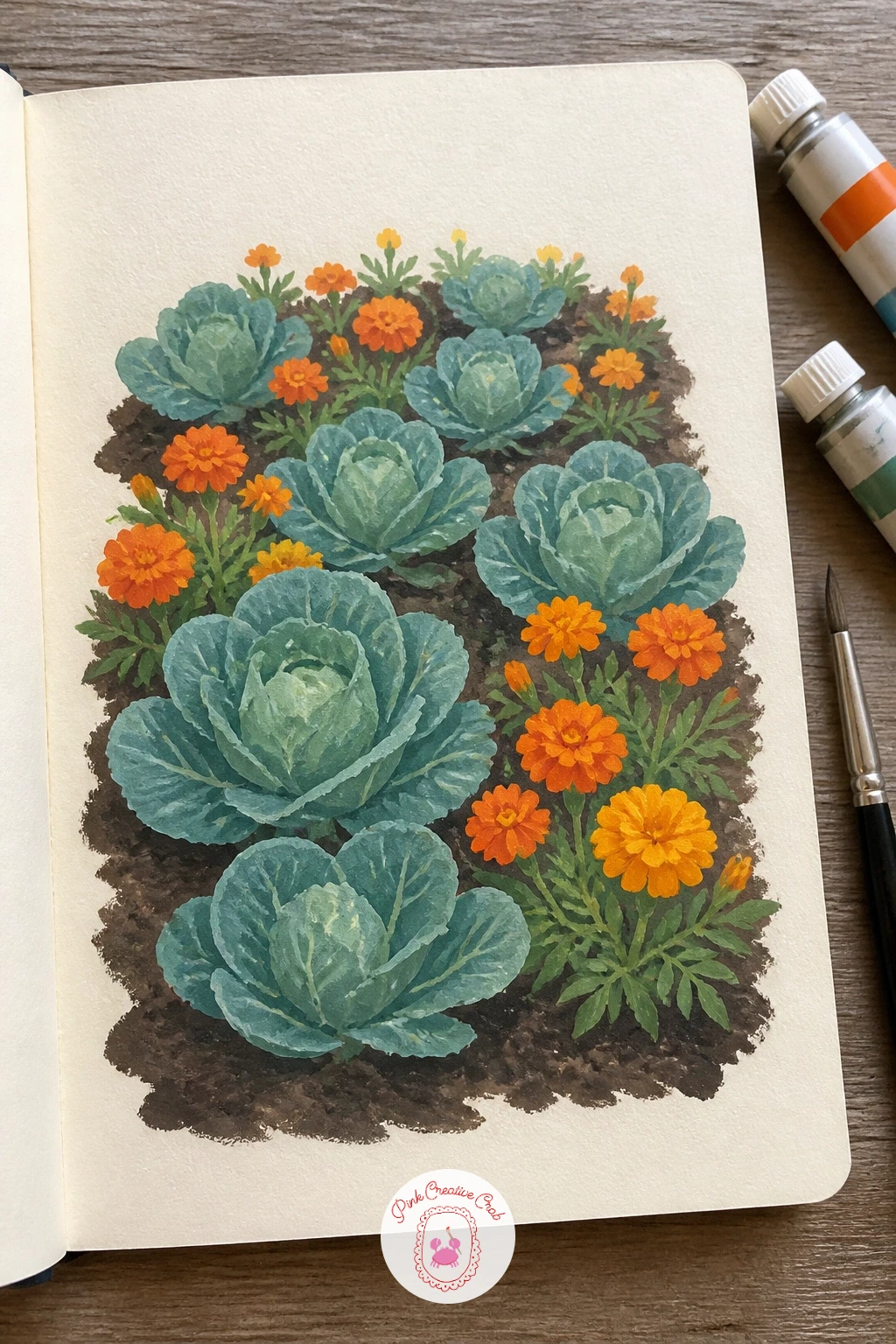 Garden Bed Of Cabbages And Marigolds — Take the page out to the vegetable patch with a garden bed of cabbages and marigolds, a cheerful clash of blue-green and