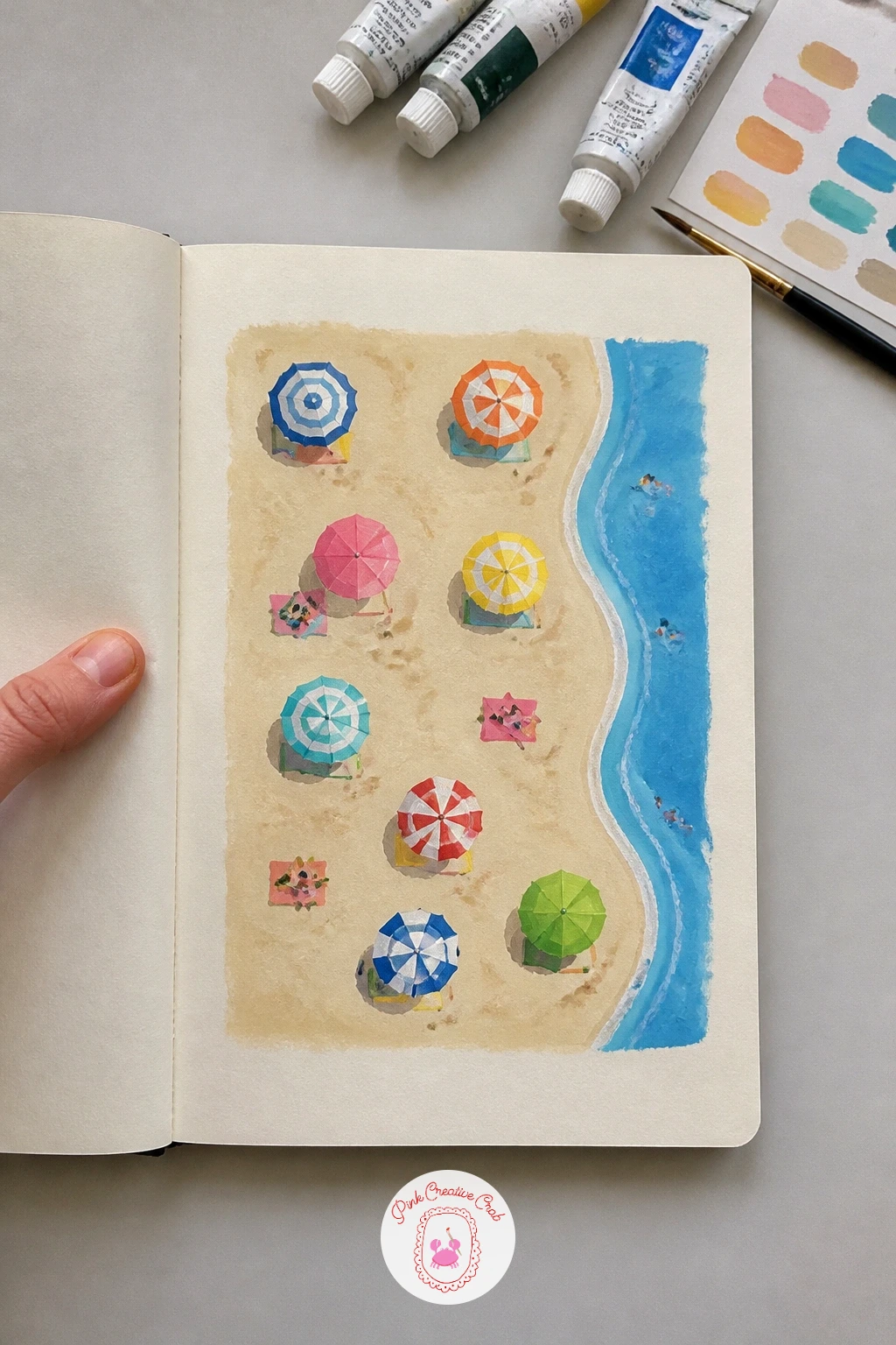 Beach With Umbrellas Seen From Above — Shift the whole view for a beach with umbrellas seen from above, looking straight down the way a drone photo would.