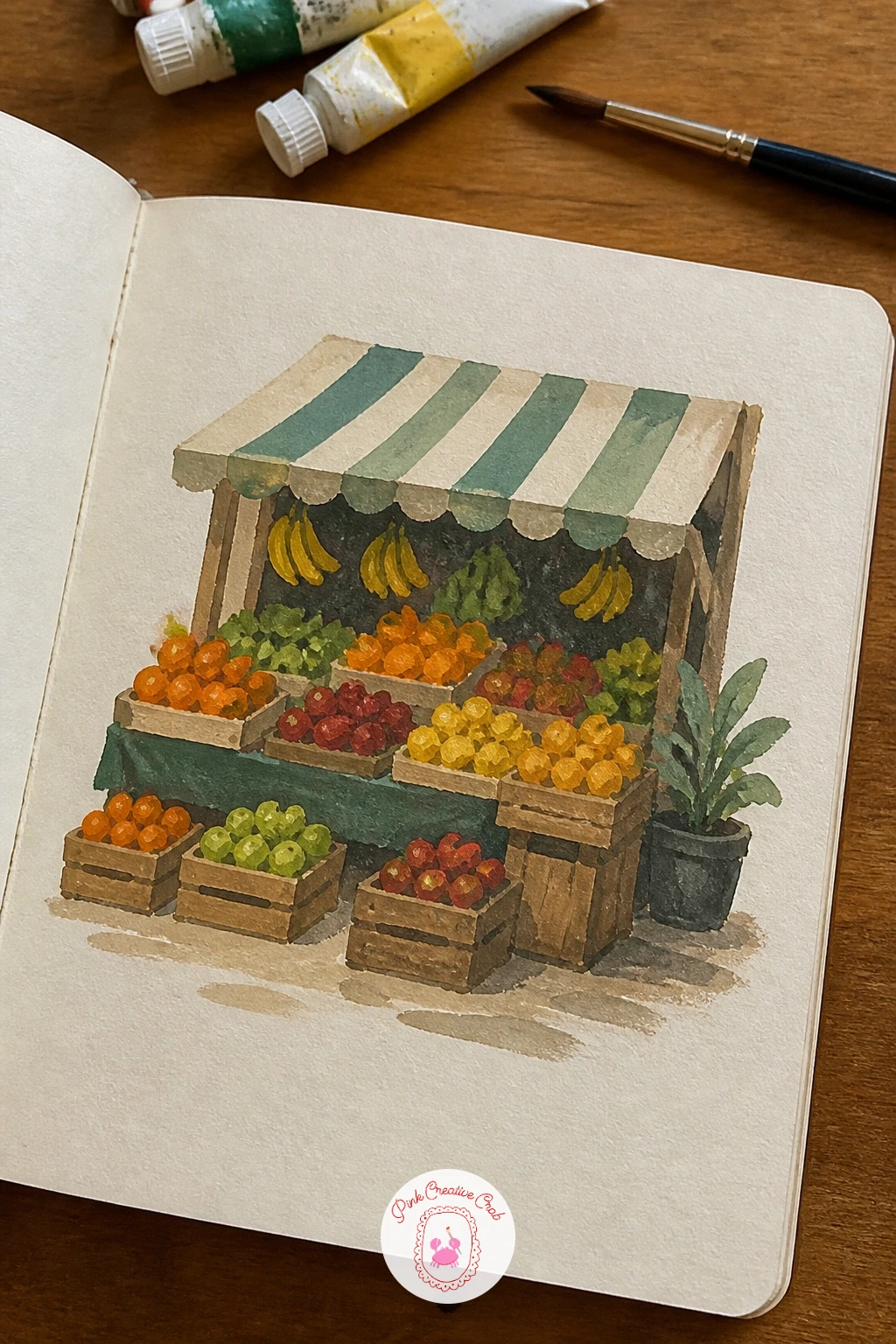 Fruit Stall At A Market — Bring back some clutter and color with a fruit stall at a market, crates stacked with produce under a striped awning. Gouache