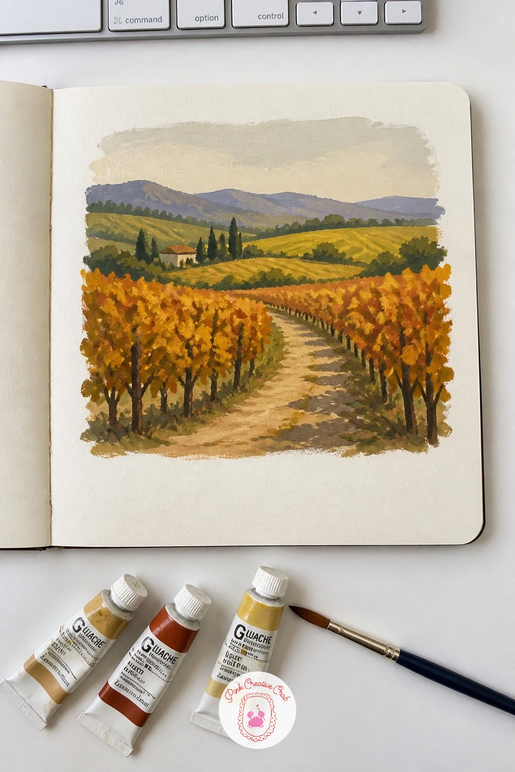 Vineyard In Autumn — Carry the water's calm into a drier scene: a vineyard in autumn, rows of vines running back toward low hills. Gouache sketchbook