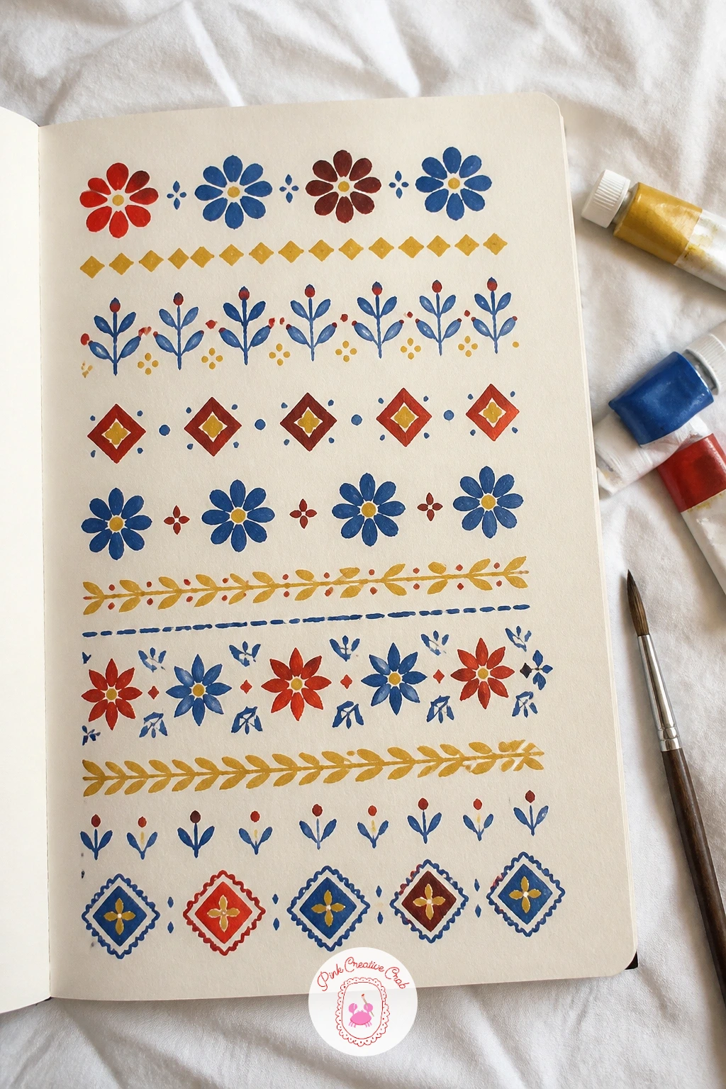 Folk Patterns Copied From A Scarf — Give the brush a rest from scenery with a page of folk patterns copied from a scarf, small repeating motifs borrowed from