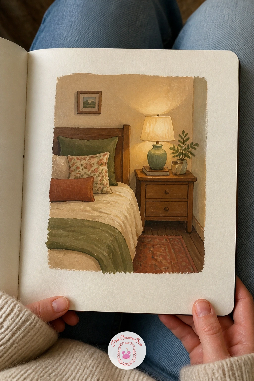 Cozy Bedroom Corner — Step into a quieter interior with a cozy bedroom corner, a bed edge, a lamp and maybe a stack of books on a nightstand. Gouache sketchbook