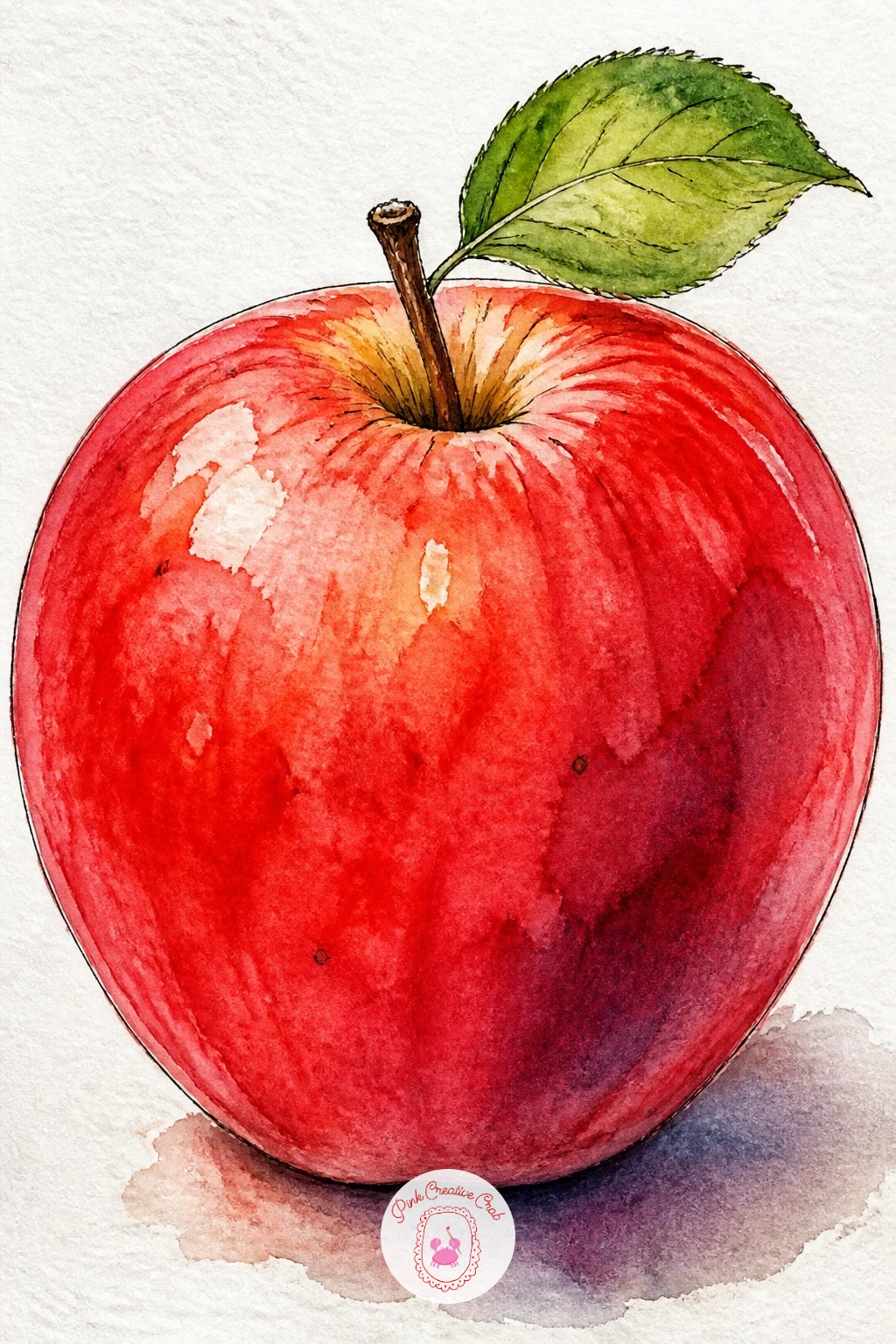 Red Apple With a Single Leaf — Start simple with a red apple still on its short stem, one leaf attached. Apple watercolor