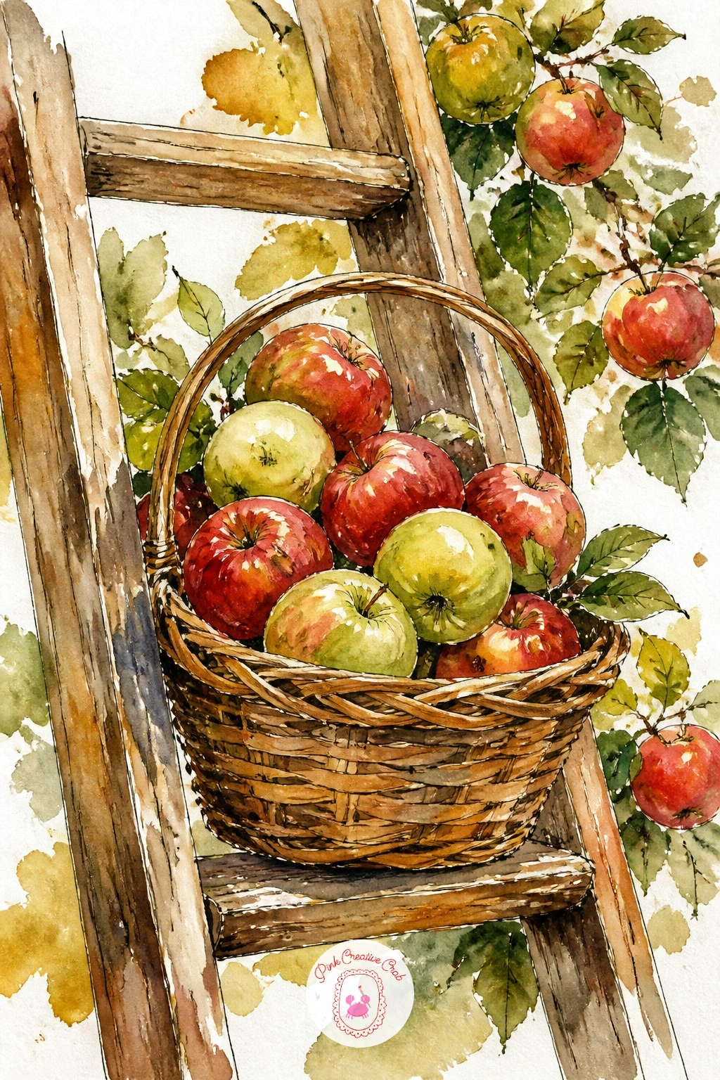 Basket of Apples on an Orchard Ladder — This one adds a setting: a woven basket of apples resting on a rung of a wooden orchard ladder. Apple watercolor