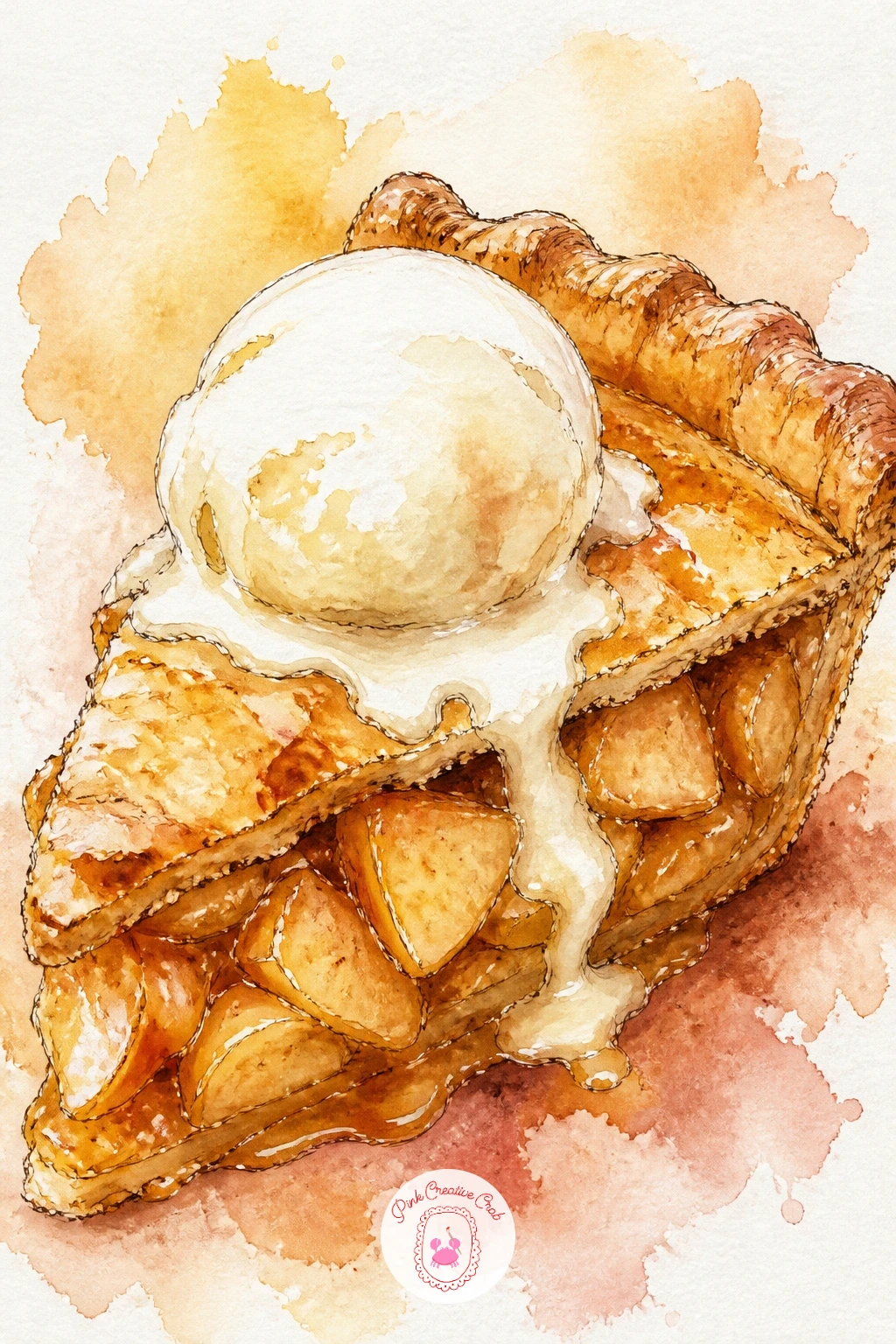 Apple Pie Slice With Cream — Move from orchard to kitchen with a wedge of apple pie topped with a melting scoop of cream. Apple watercolor