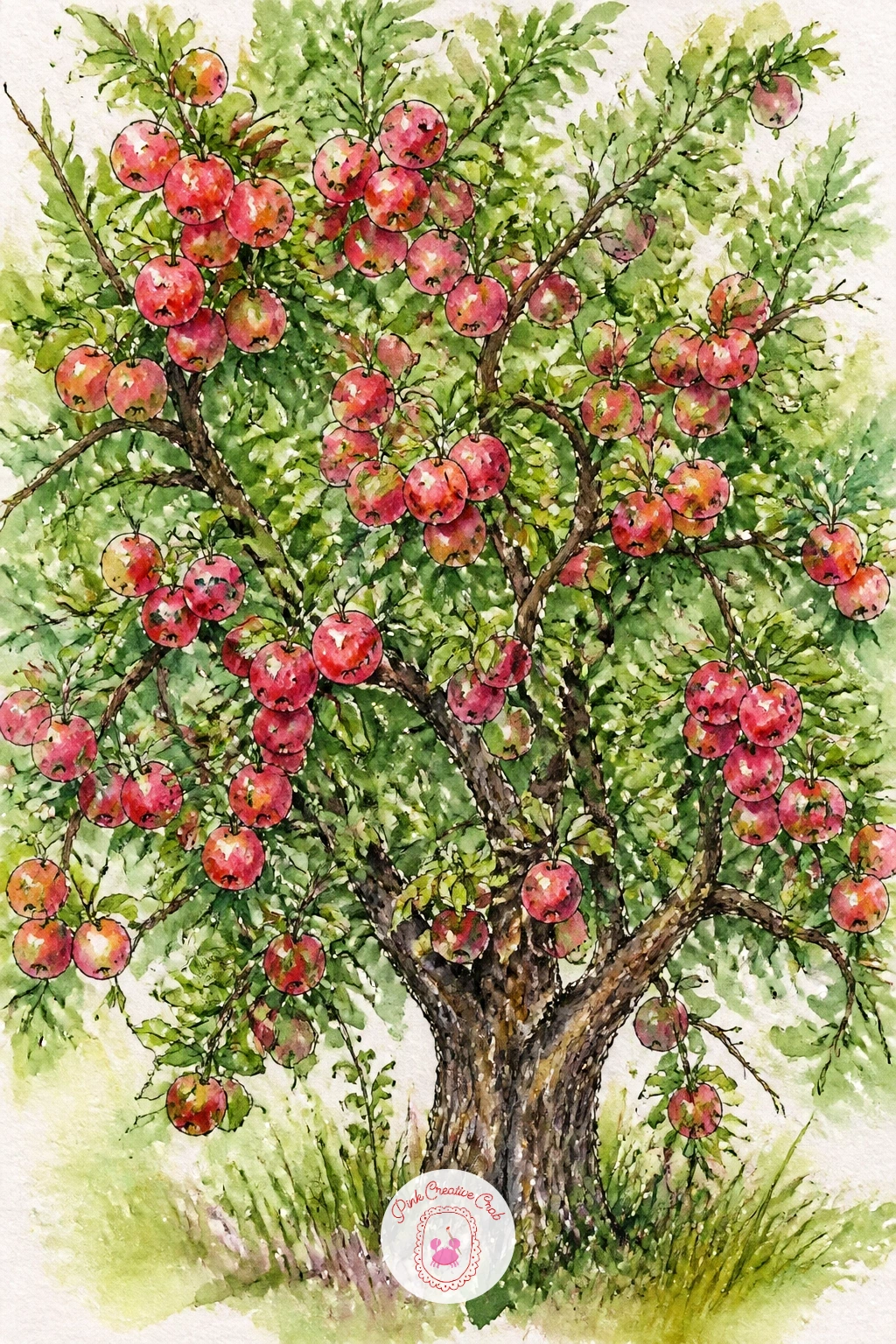 Apple Tree Heavy With Fruit — Scale up to a whole apple tree, its branches bending under the weight of fruit. Apple watercolor