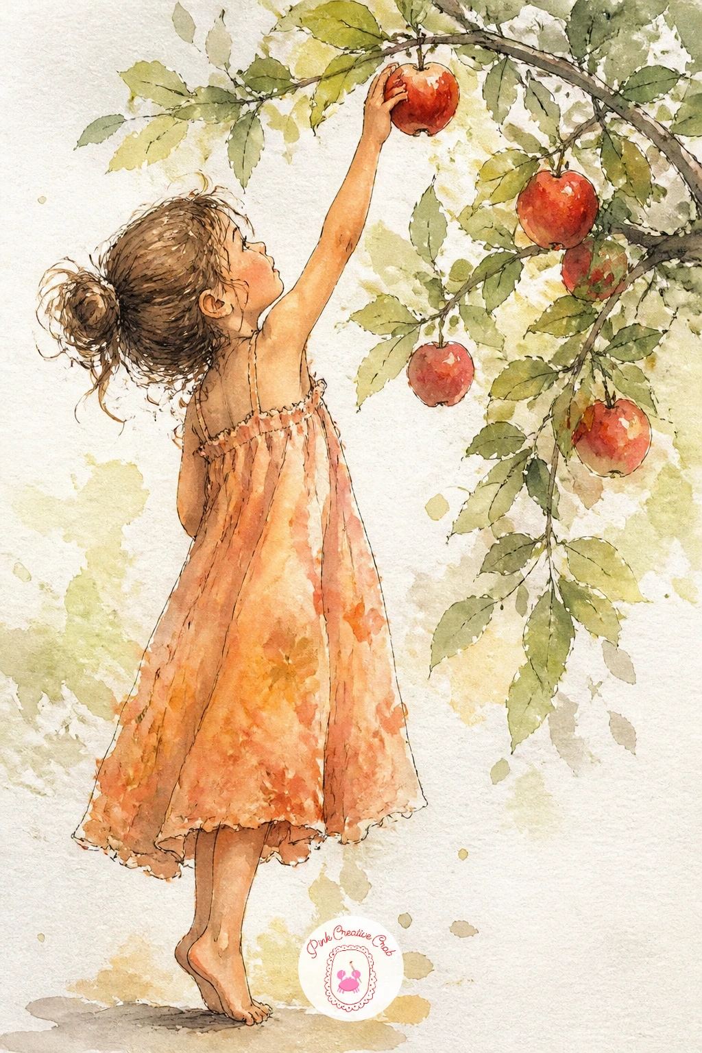 Girl Reaching Up to Pick an Apple — Add a figure for the first time with a girl reaching up on tiptoe to pick an apple from a low branch. Apple watercolor