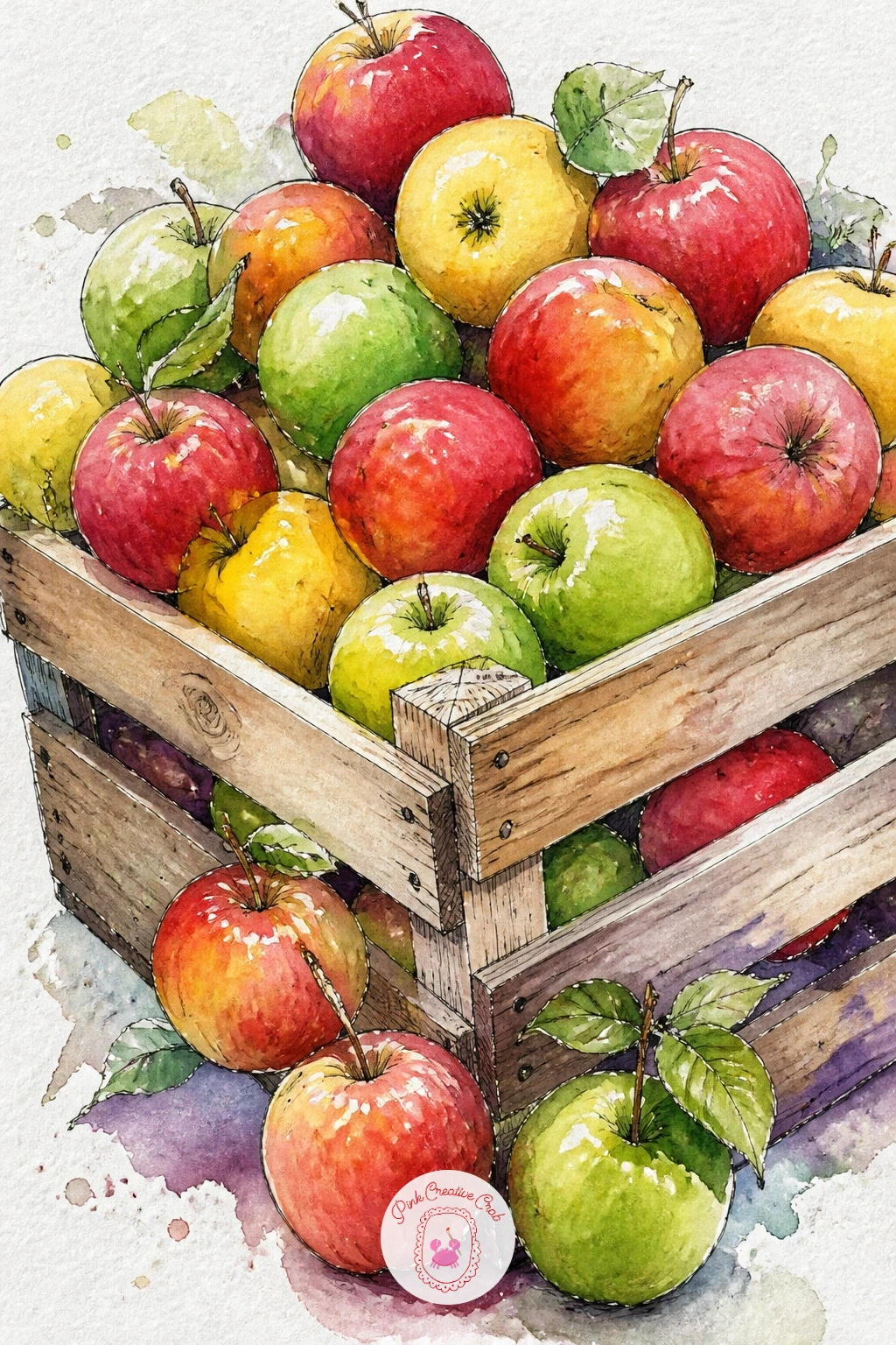 Crate of Mixed Apples at a Farm Stand — A wooden crate overflowing with red, green and yellow apples at a farm stand makes a cheerful still life with built-in