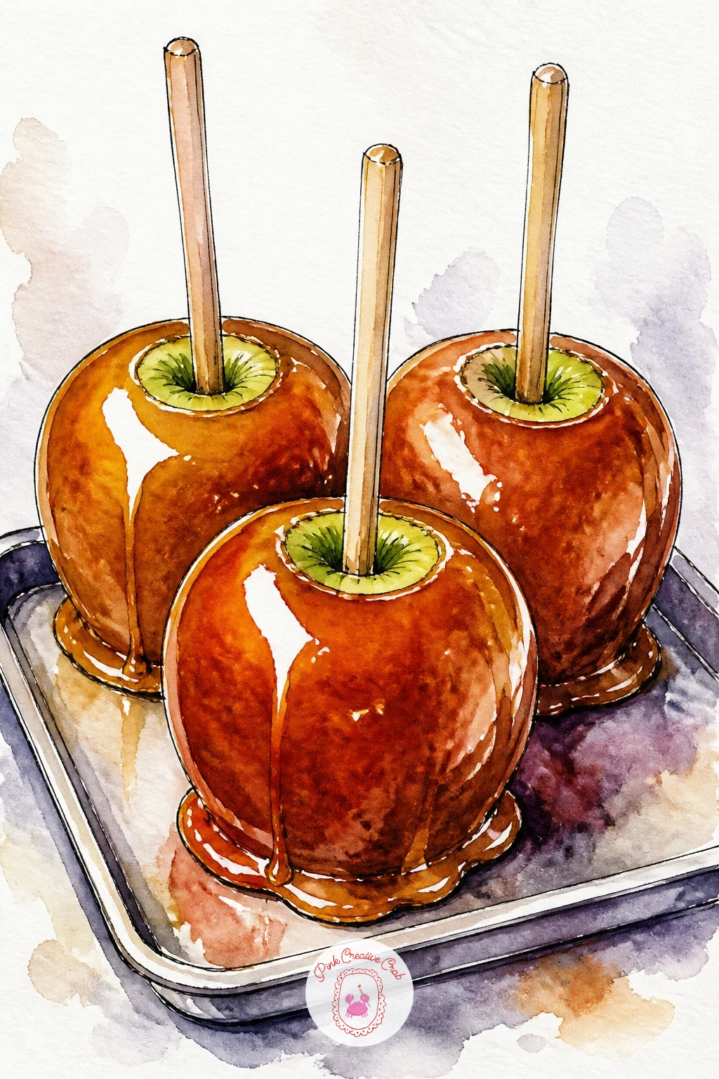 Caramel Apples on Sticks on a Tray — Caramel apples on sticks bring in a glossy highlight challenge after all the matte fruit skins so far. Apple watercolor