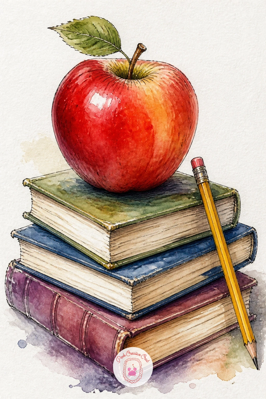 Apple on a Stack of Books With a Pencil — An apple resting on a stack of old books with a pencil beside it makes a quiet desk still life, perfect for a study