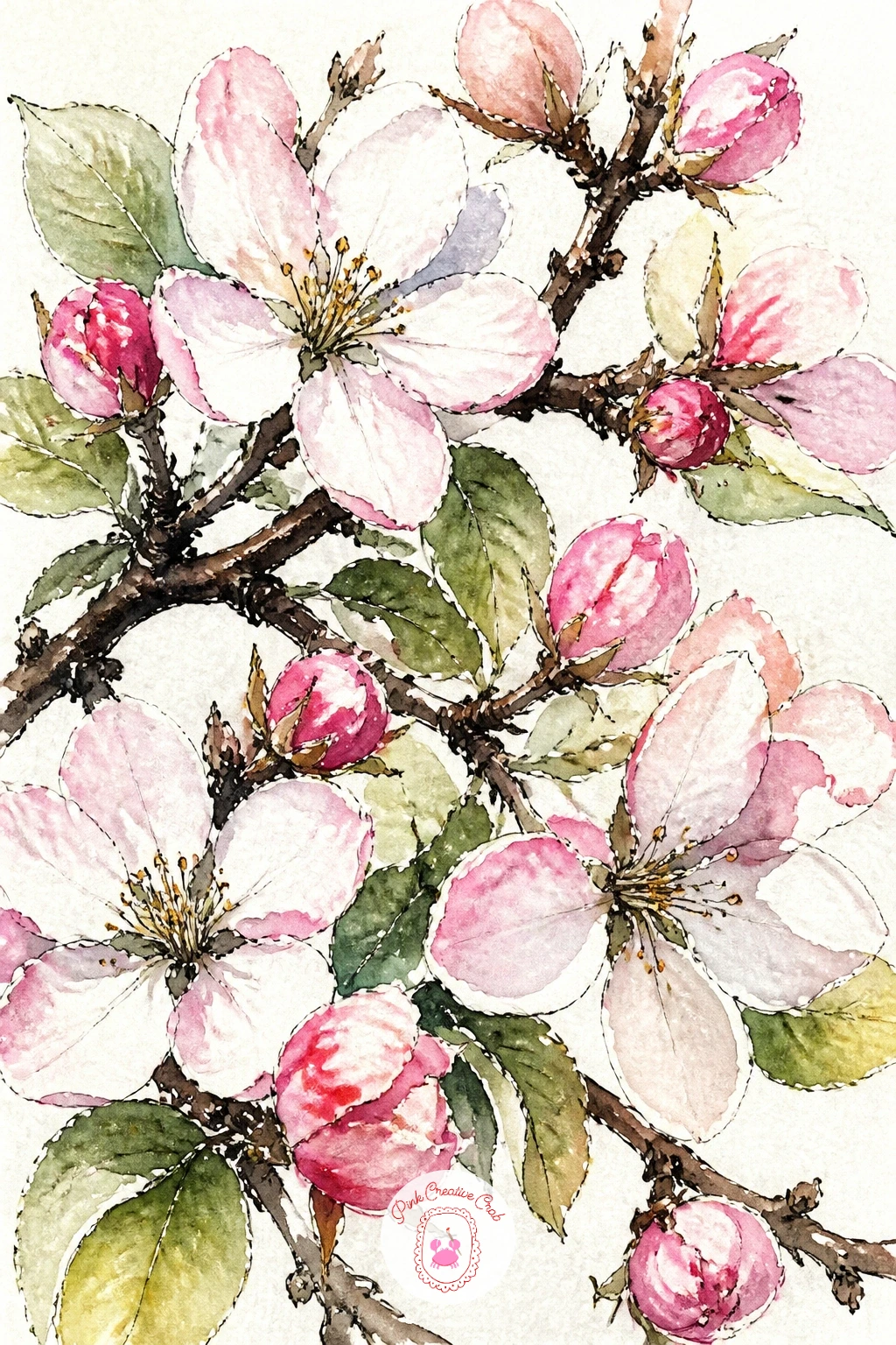 Apple Blossom Branch in Spring — Jump back to spring with a branch of apple blossom, pale pink-white flowers against dark bark. Apple watercolor