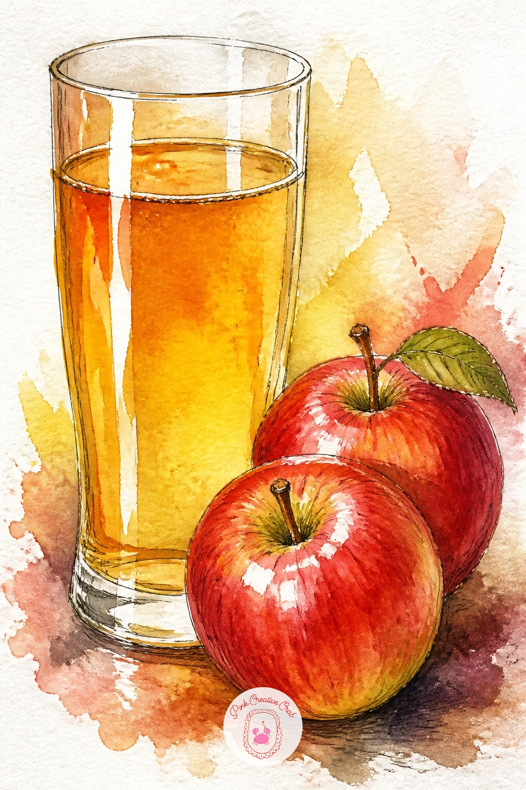 Glass of Cider With Apples Beside It — A tall glass of amber cider with a couple of apples beside it makes a nice warm-toned pairing. Apple watercolor