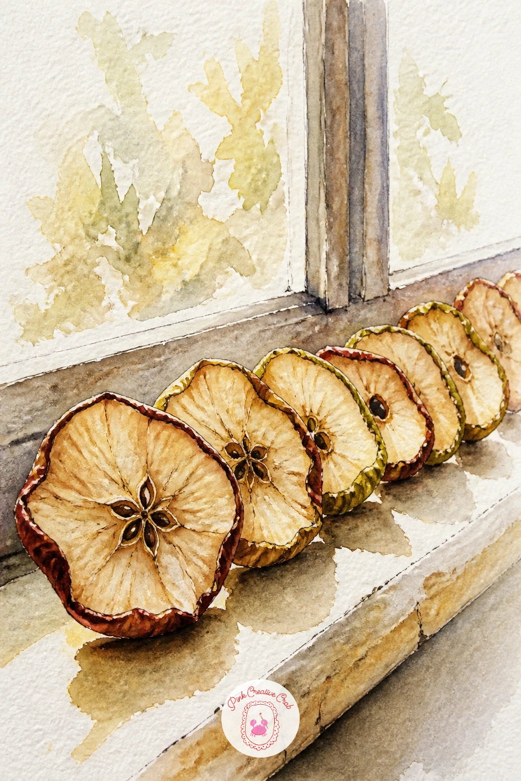 Apples Drying on a Windowsill — A row of apple slices drying on a sunny windowsill gives you a chance to paint fruit at a different stage, shriveled and golden