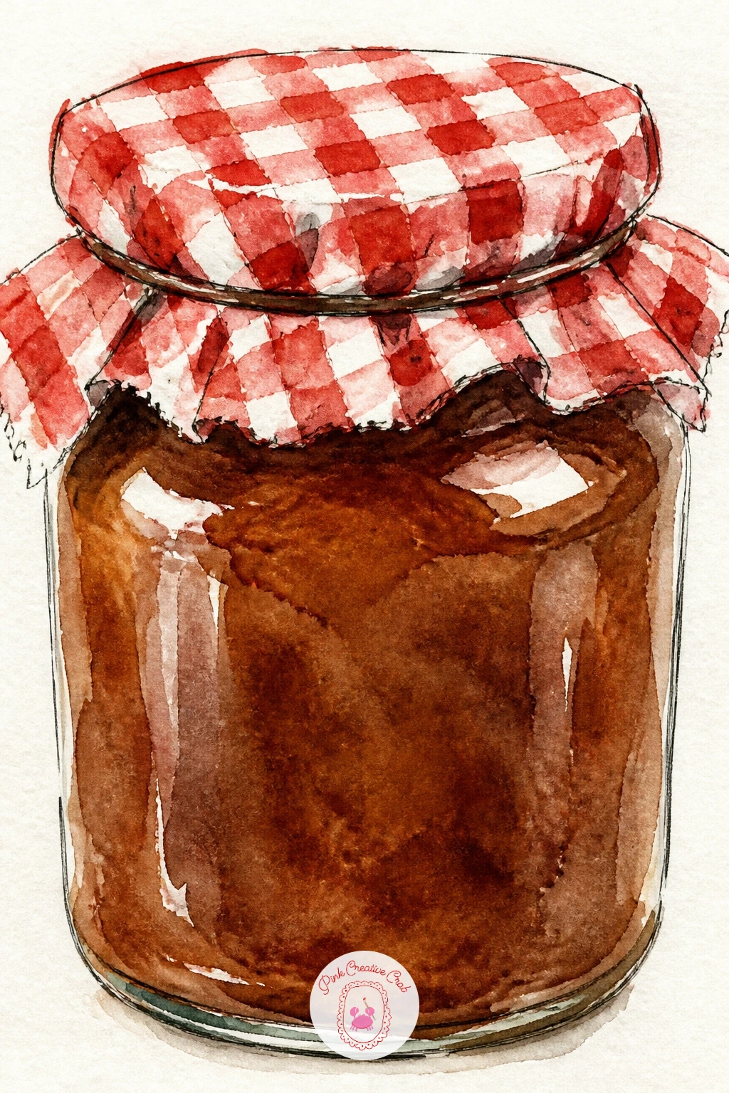 Jar of Apple Butter With Gingham Lid — A jar of dark apple butter with a gingham fabric lid is a cozy pantry subject that leans on pattern work. Apple