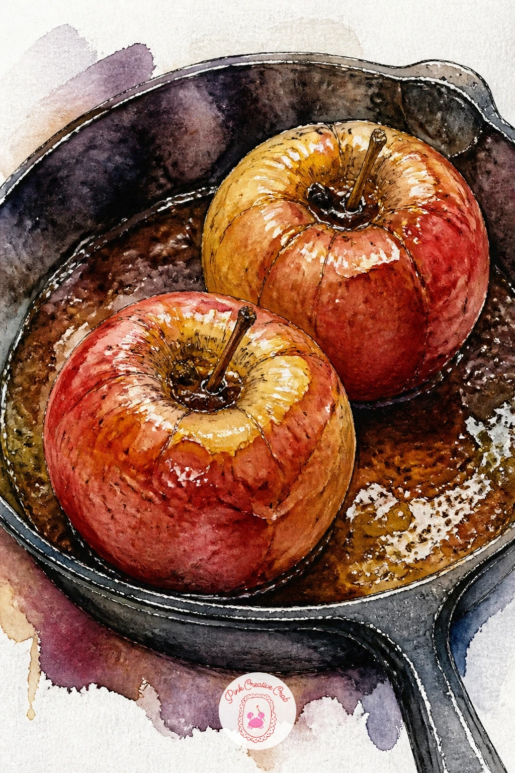 Baked Apples in a Cast Iron Skillet — Whole baked apples glistening in a cast iron skillet bring warm oven tones into the mix. Apple watercolor