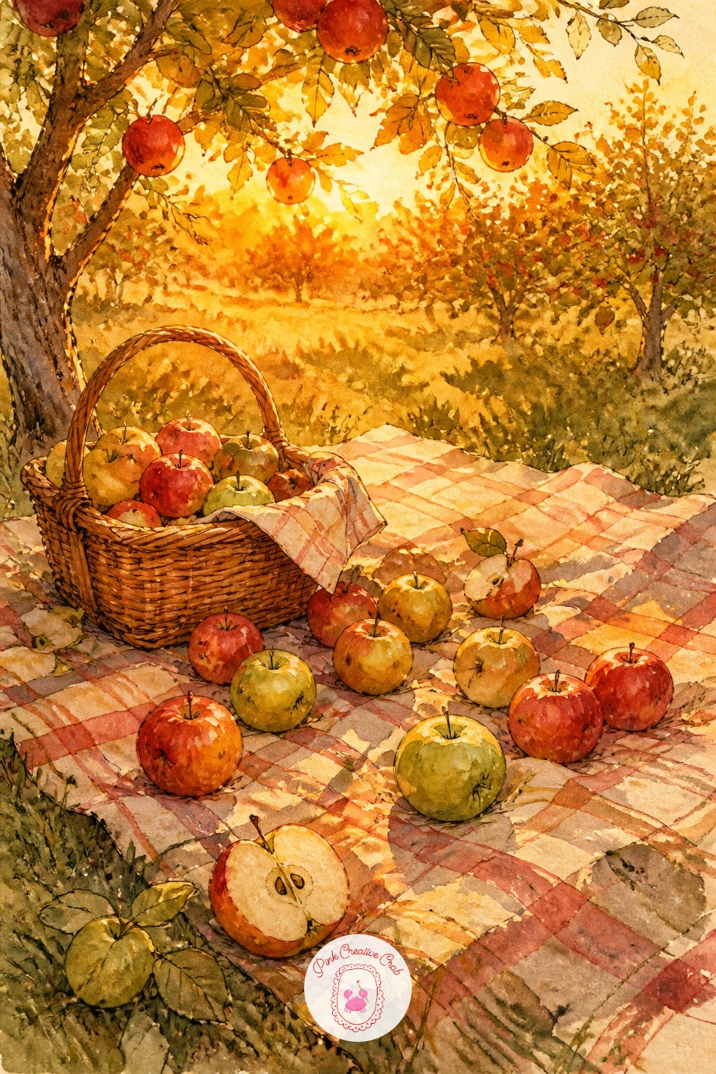 Orchard Picnic Blanket at Golden Hour — A picnic blanket spread under the trees at golden hour, apples and a basket scattered across it, pulls several earlier