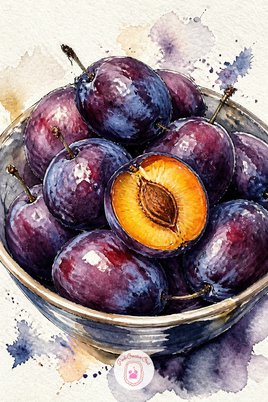 Bowl of Purple Plums With One Cut Open — Moving into the other orchard fruit, a bowl of deep purple plums with one sliced open shows off the color shift from