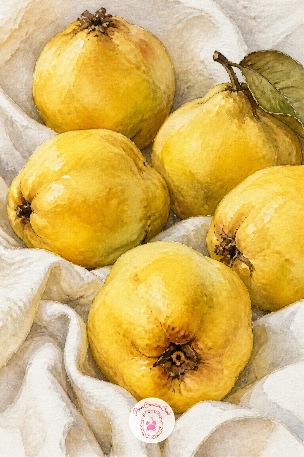 Golden Quinces on a Linen Cloth — Quinces bring a soft, fuzzy golden-yellow into the lineup, very different from the smooth skin of apples and plums. Apple