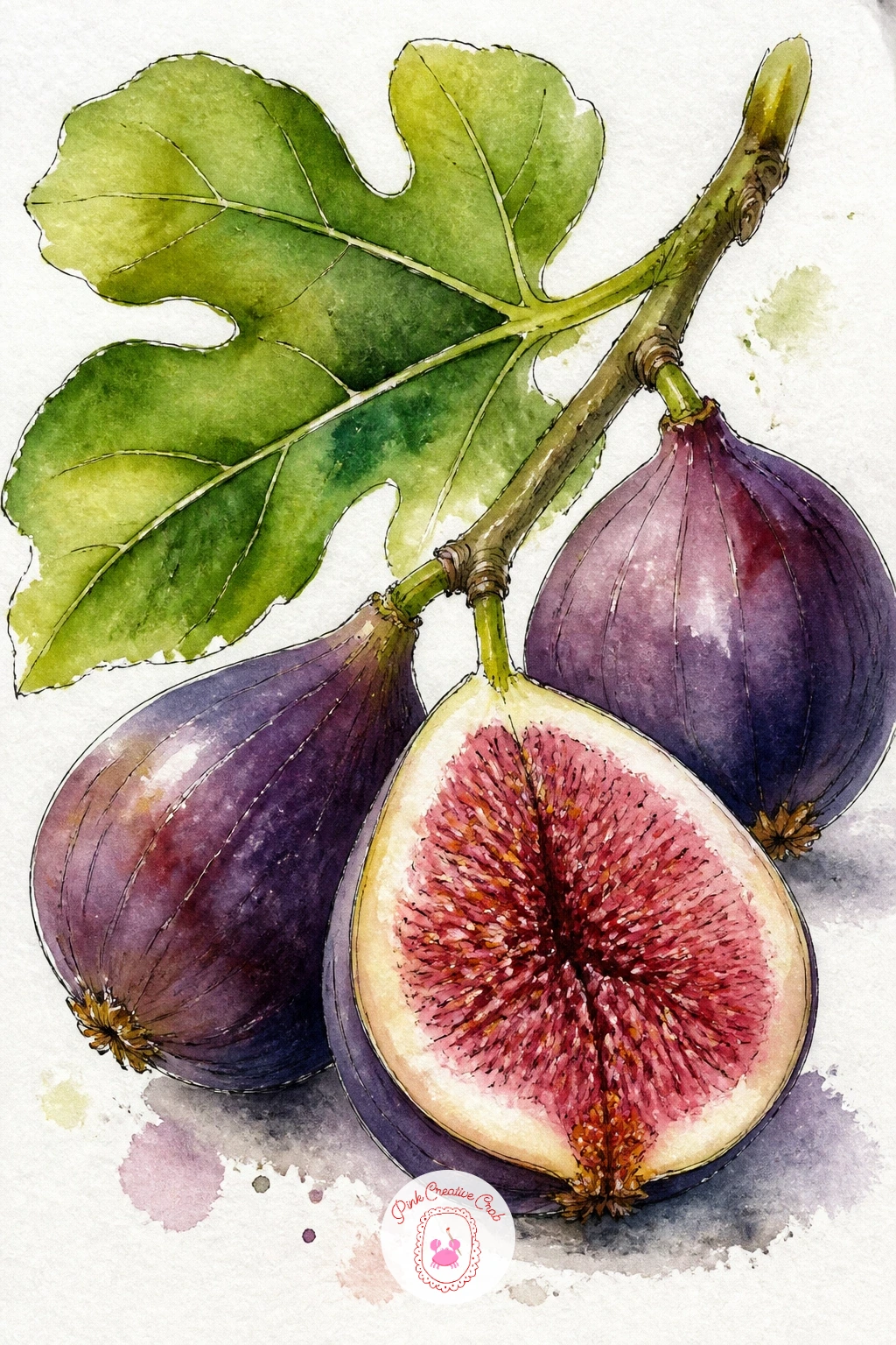 Fig Branch With Ripe Split Figs — A branch with a few ripe figs, one split open to show the jewel-toned inside, is one of the richer color moments in this