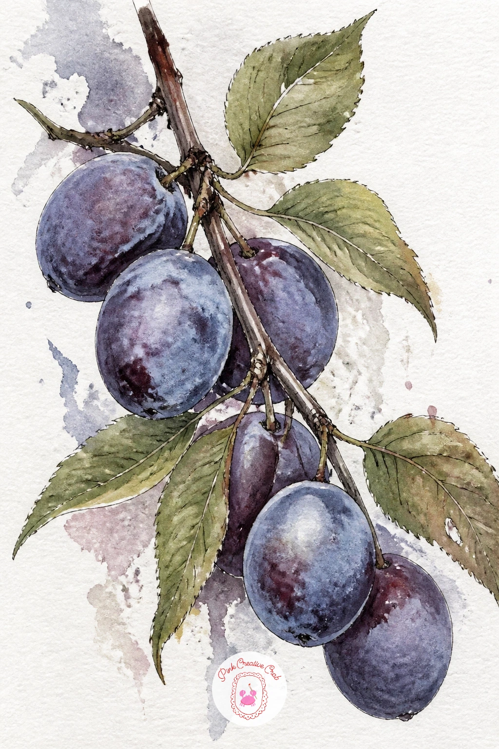 Damson Plum Branch With Dusty Blue Fruit — Unlike the rounder bowl of plums earlier, this idea keeps the damsons on their branch, small and oval with a powdery