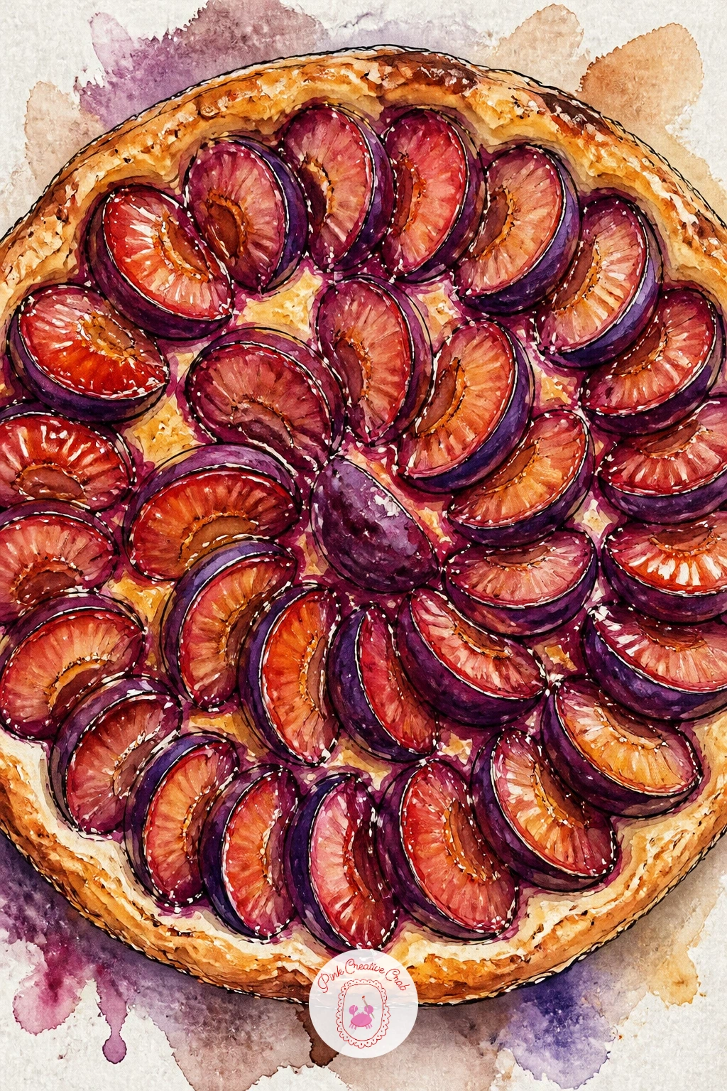 Plum Tart Fresh From the Oven — Bring the plums back to the kitchen with a plum tart, halved fruit arranged in rings over golden pastry, fresh from the oven.